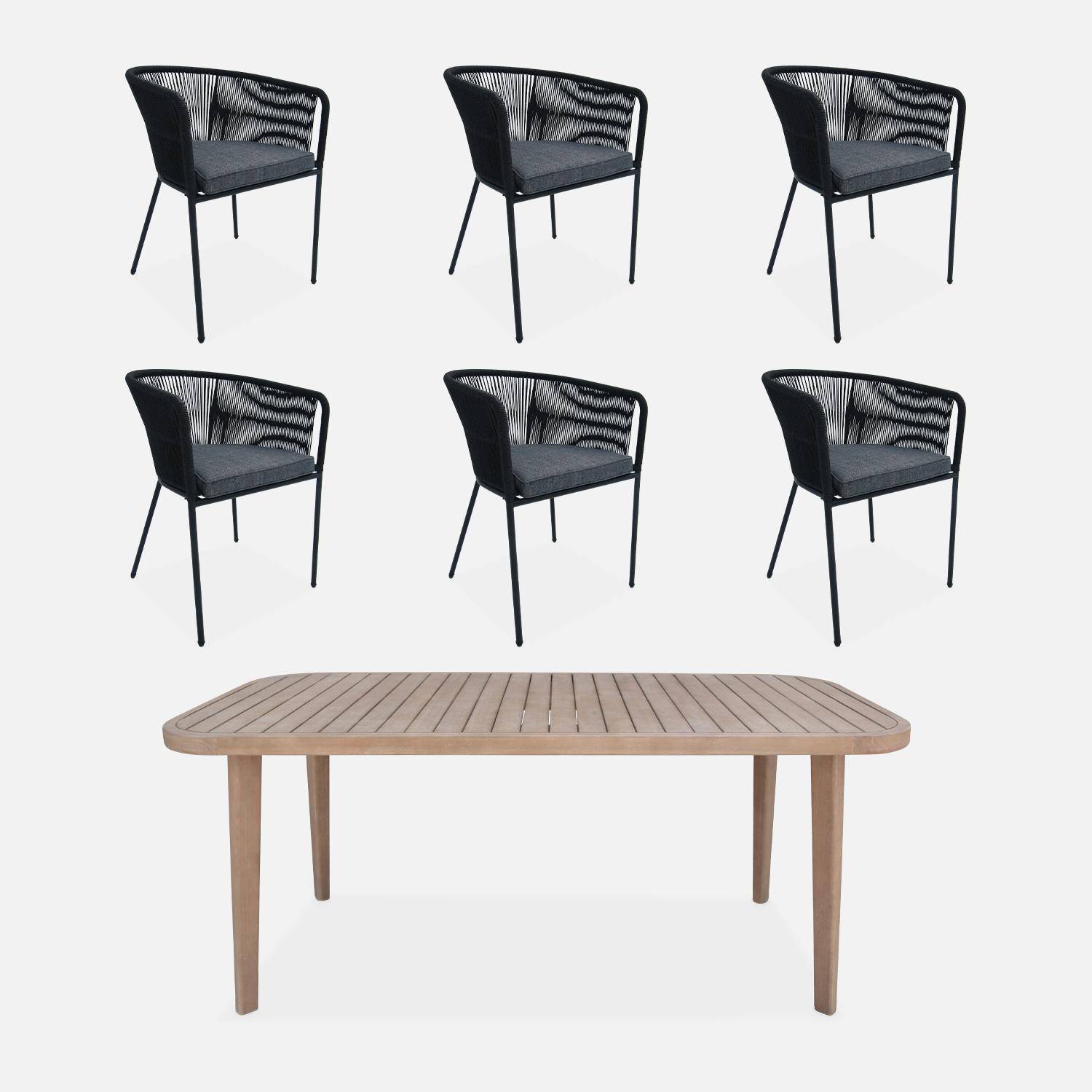 Table de jardin en bois d'eucalyptus FSC, intérieur / extérieur + 6 fauteuils en corde noir et métal,sweeek,Photo4