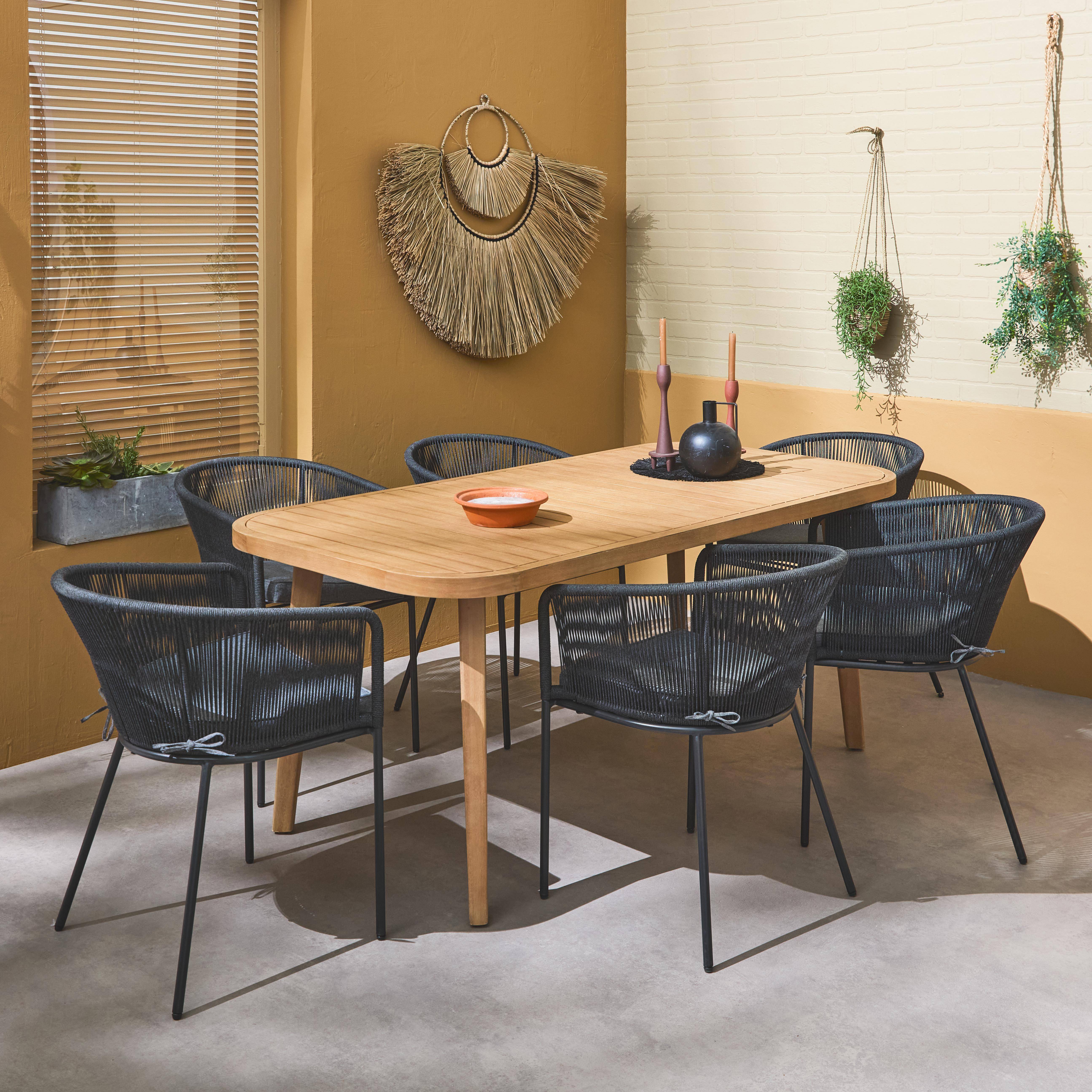 Table de jardin en bois d'eucalyptus FSC, intérieur / extérieur + 6 fauteuils en corde noir et métal,sweeek,Photo2