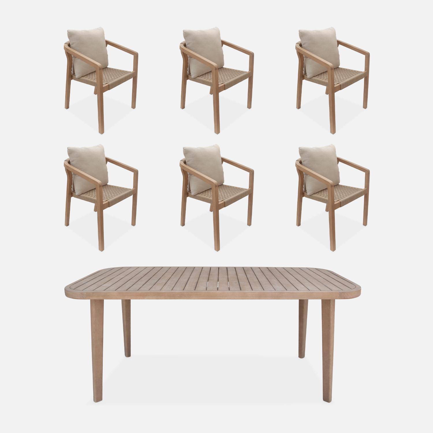 Table de jardin en bois d'eucalyptus, intérieur / extérieur + 6 chaises de jardin corde et bois, empilables  Photo1