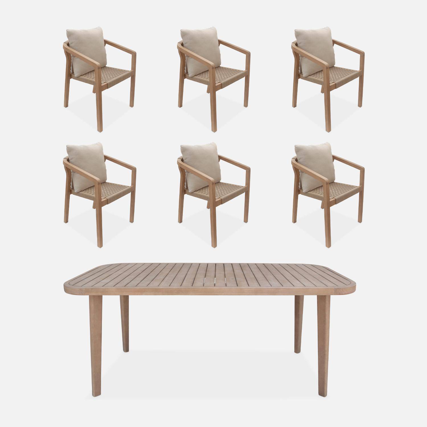 Table de jardin en bois d'eucalyptus FSC, intérieur / extérieur + 6 chaises de jardin corde et bois, empilables  Photo1
