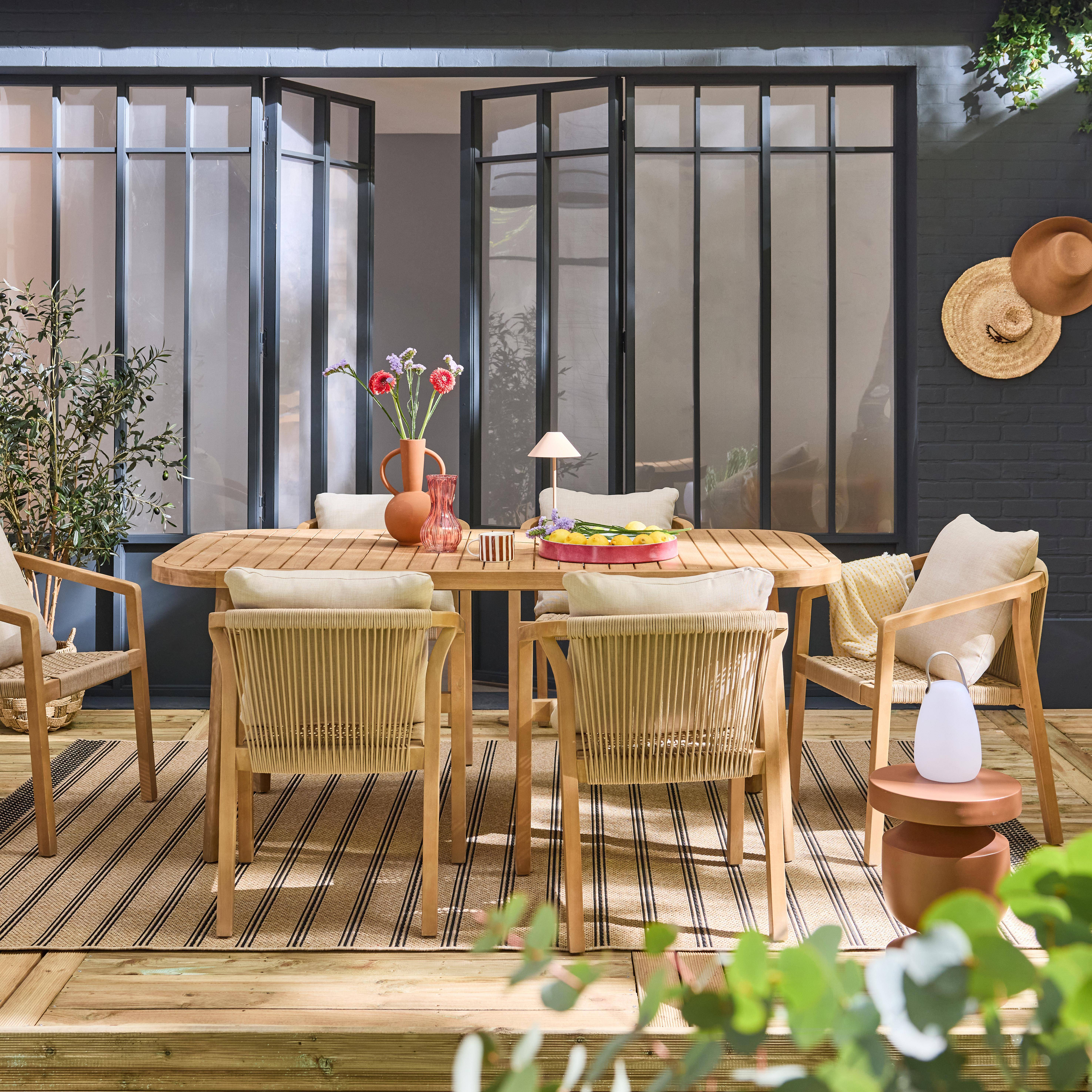 Table de jardin en bois d'eucalyptus, intérieur / extérieur + 6 chaises de jardin corde et bois, empilables  Photo1