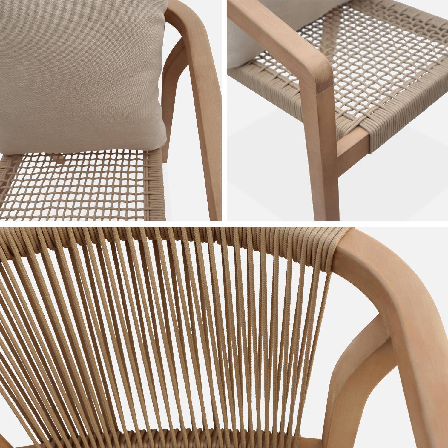 Table de jardin en bois d'eucalyptus, intérieur / extérieur + 6 chaises de jardin corde et bois, empilables  Photo5