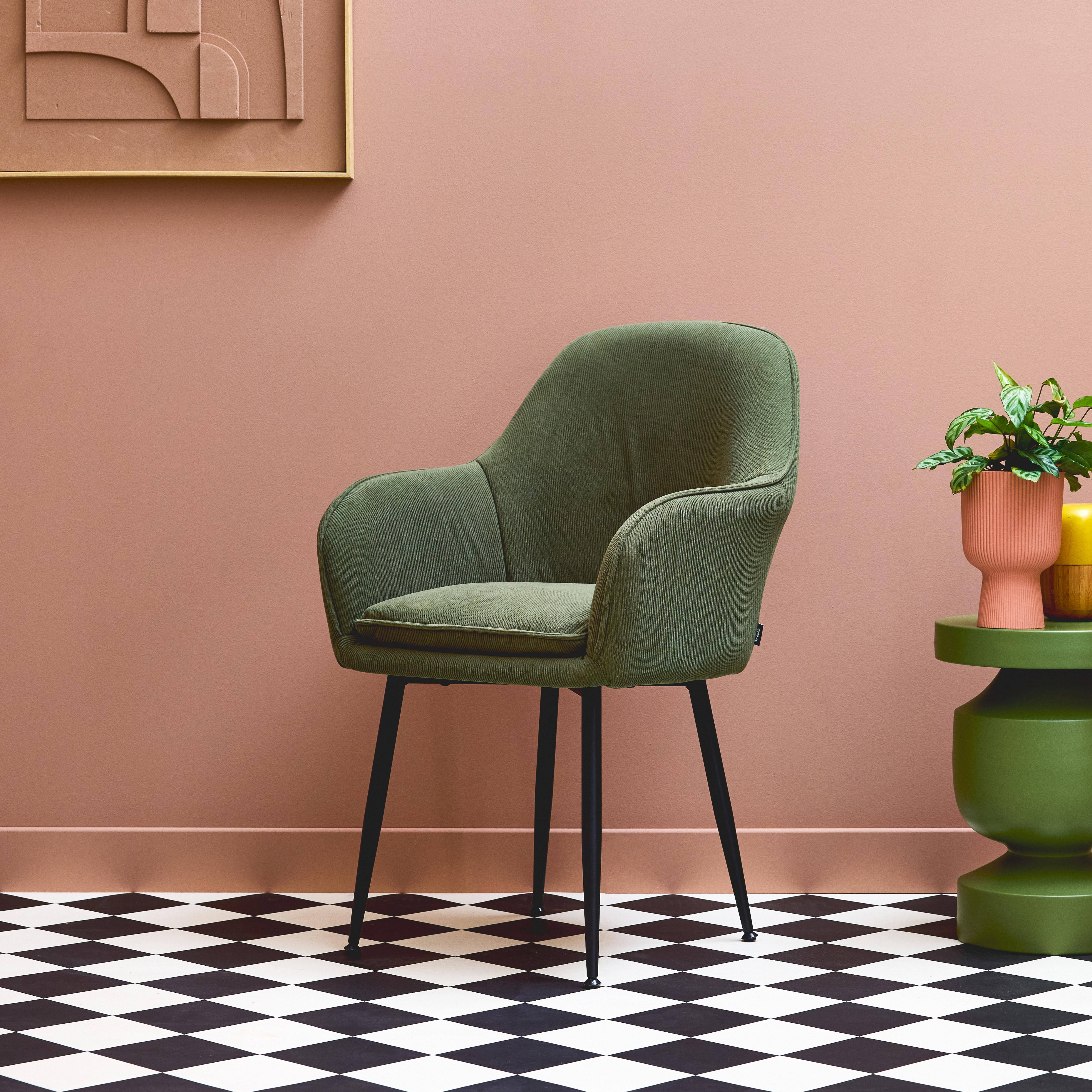 Sillón de pana con patas de metal negro mate, Shella, Kaki oscuro, 57x59x84.5 cm Photo2