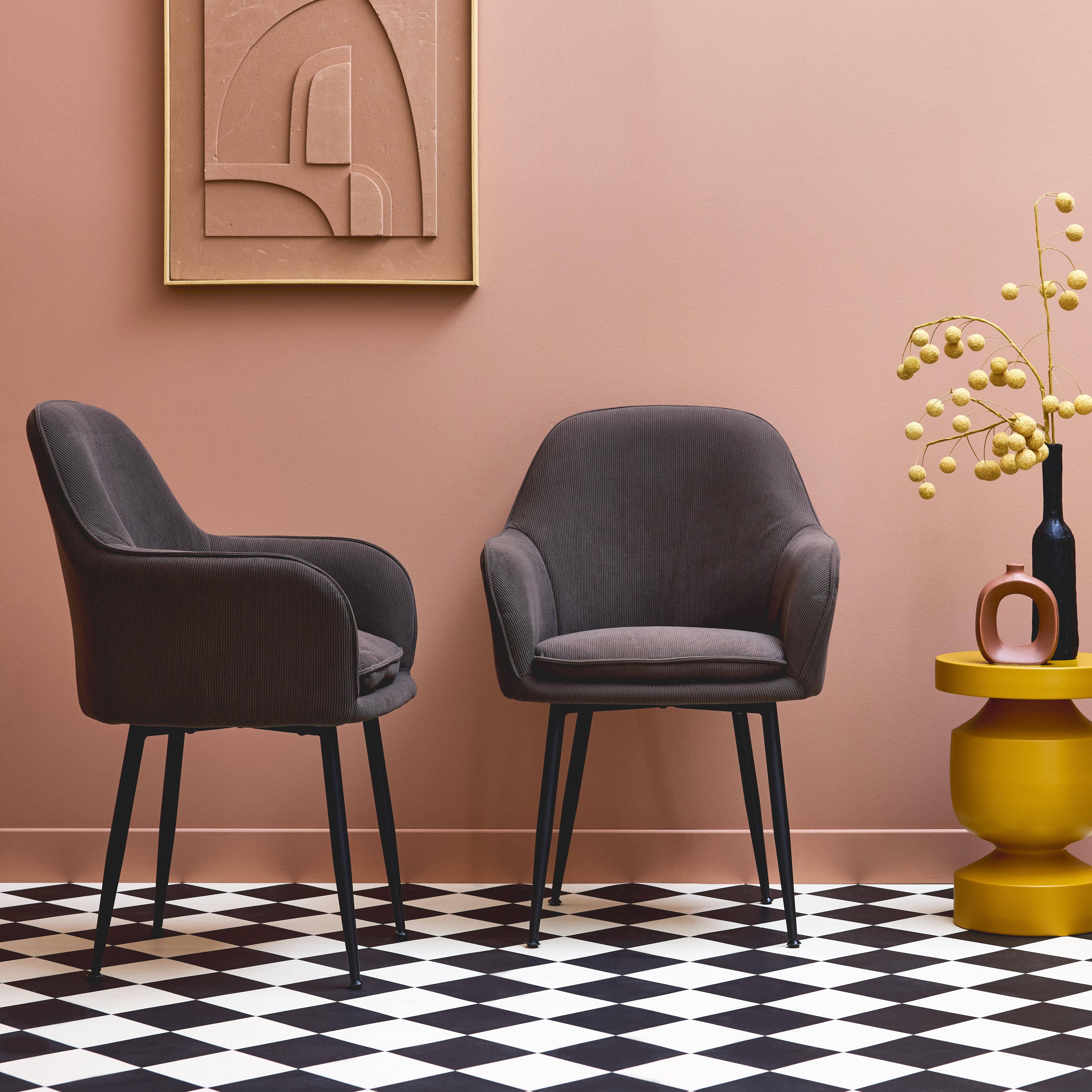 Set di 2 poltrone in velluto a coste con gambe in metallo nero opaco, Shella, Grigio scuro, 57x59x84.5 cm Photo1