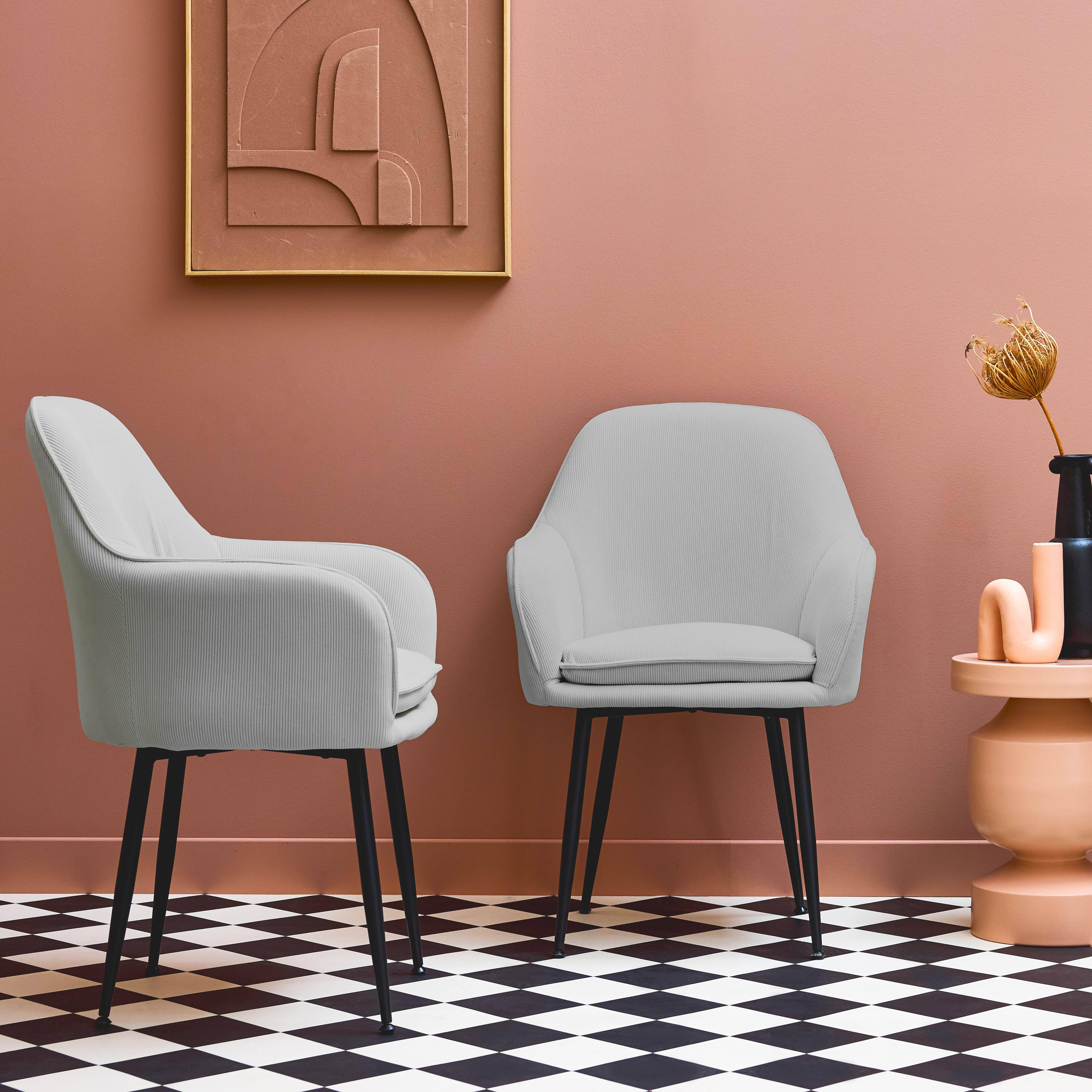 Set di 2 poltrone in velluto a coste con gambe in metallo nero opaco, Shella, Grigio chiaro, 57x59x84.5 cm Photo2