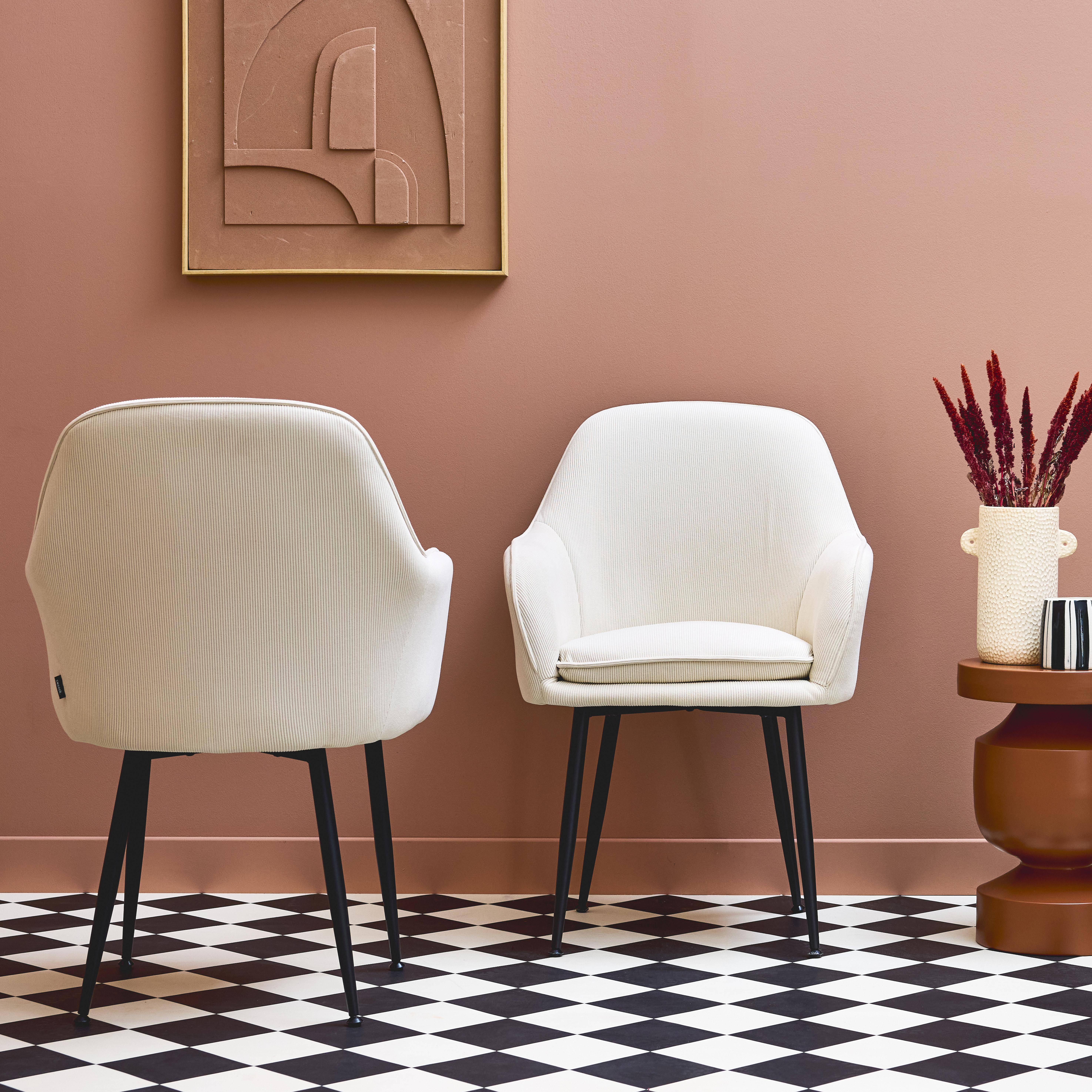 Set di 2 poltrone in velluto a coste con gambe in metallo nero opaco, Shella, Bianco sporco, 57x59x84.5 cm,sweeek,Photo3