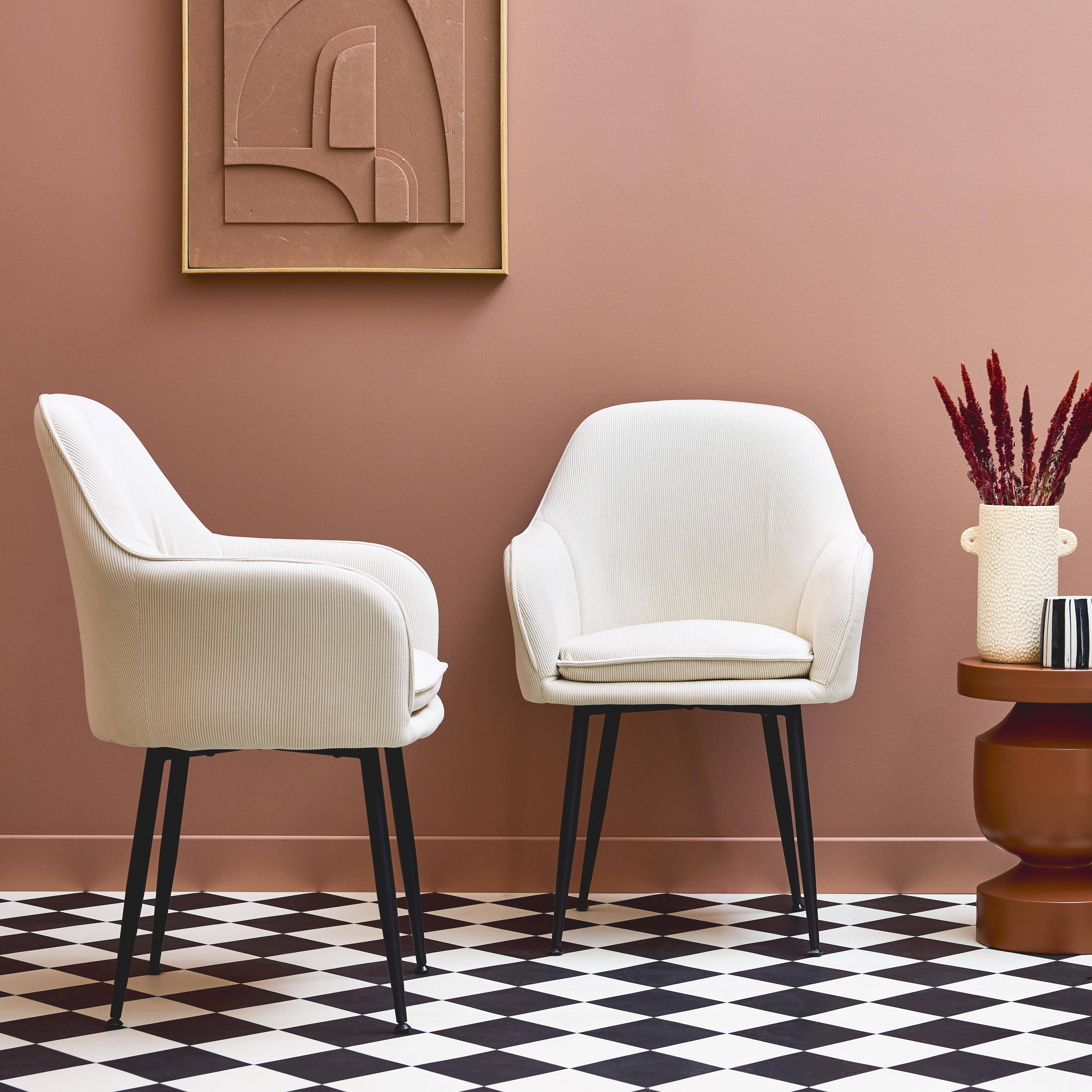 Set di 2 poltrone in velluto a coste con gambe in metallo nero opaco, Shella, Bianco sporco, 57x59x84.5 cm,sweeek,Photo1