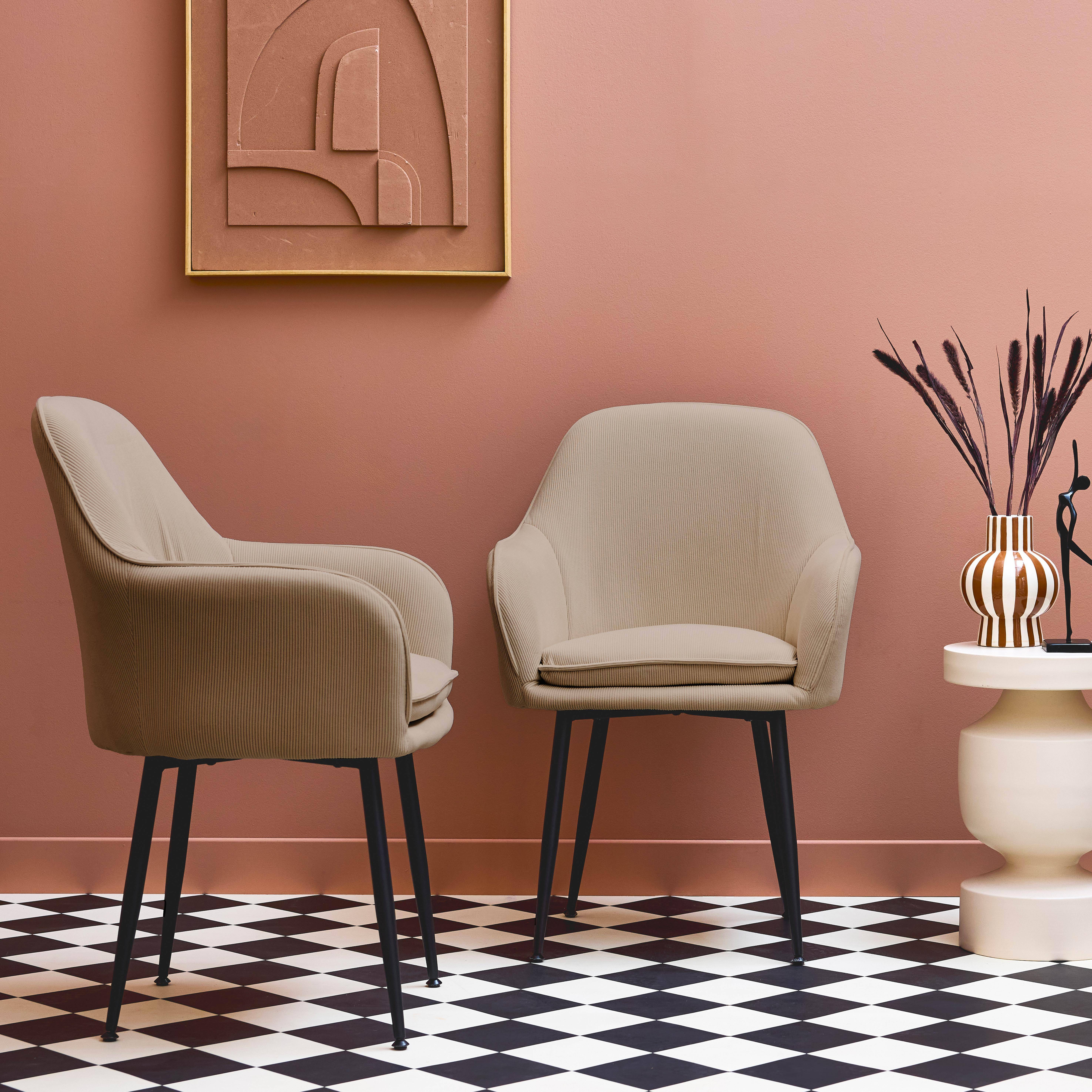 Set di 2 poltrone in velluto a coste con gambe in metallo nero opaco, Shella, Beige, 57x59x84.5 cm Photo2
