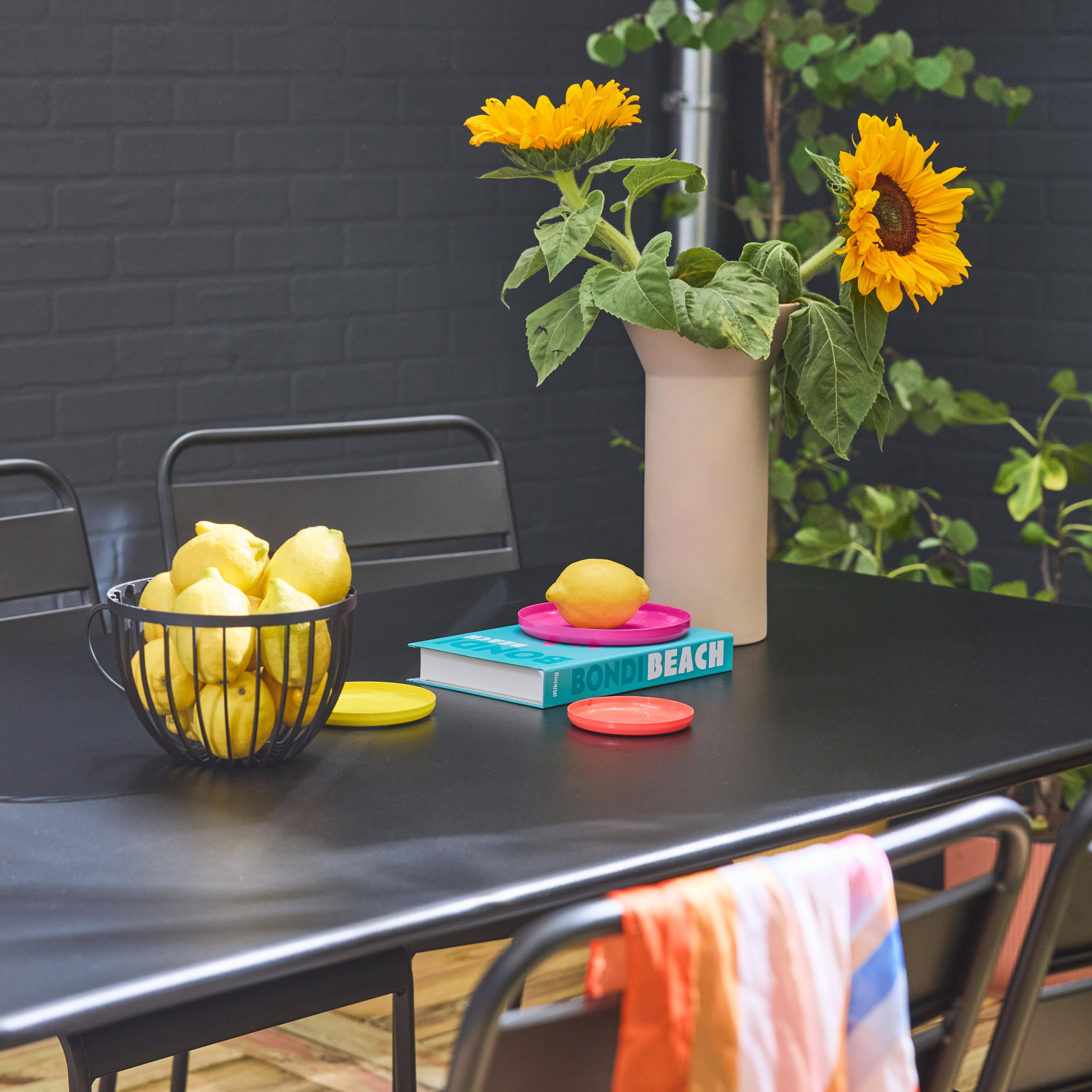 Table de jardin en métal, 160x90cm + 6 chaises empilables en métal noir,sweeek,Photo3