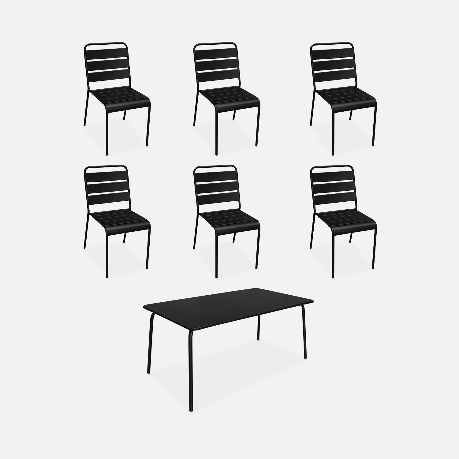 Table de jardin en métal, 160x90cm + 6 chaises empilables en métal noir,sweeek,Photo1