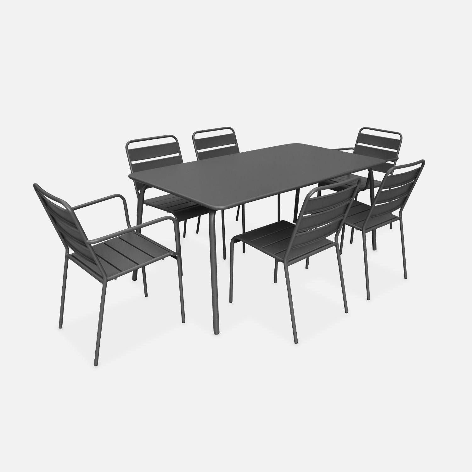 Table de jardin en métal 160x90cm + 4 chaises empilables et 2 fauteuils gris,sweeek,Photo1