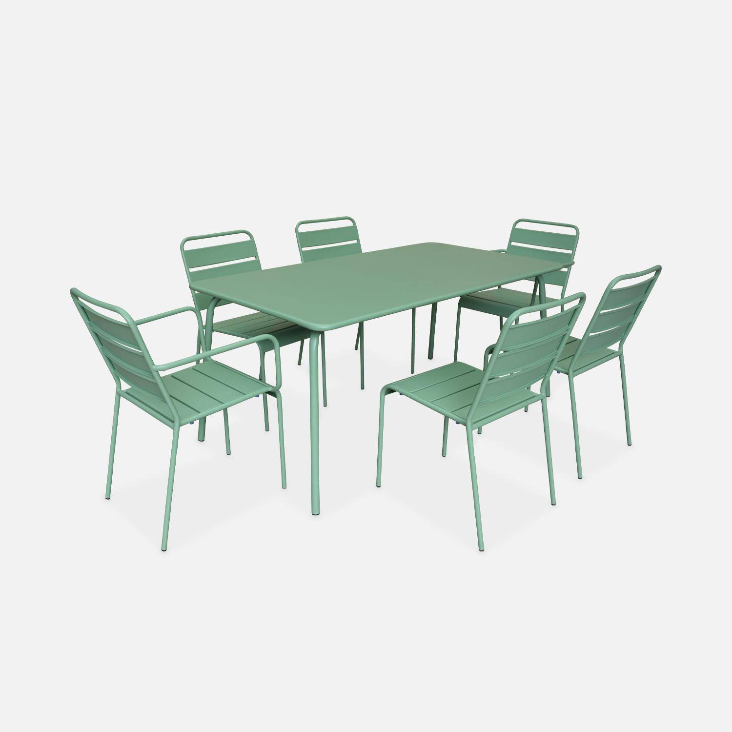 Table de jardin en métal 160x90cm + 4 chaises empilables et 2 fauteuils vert jade,sweeek,Photo1
