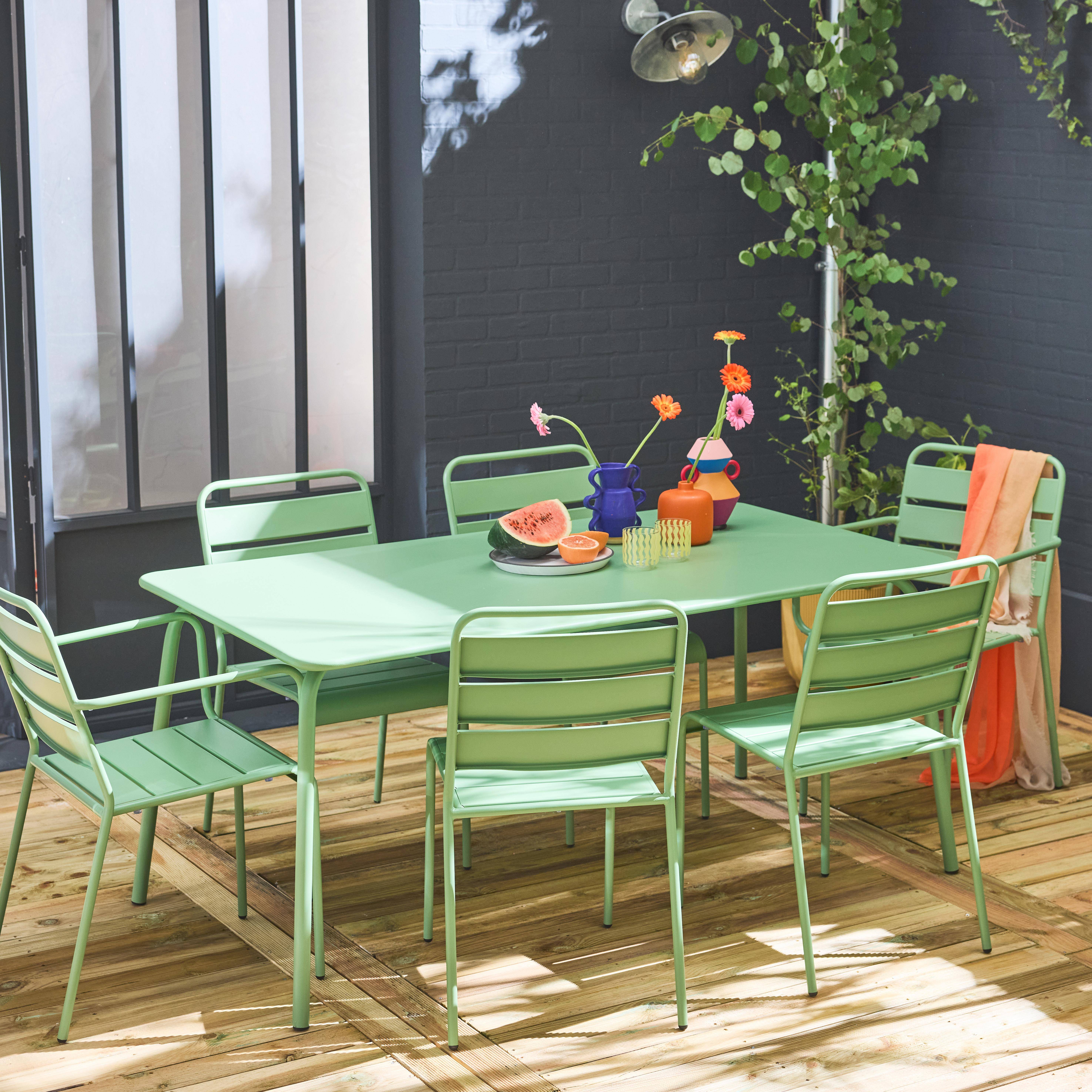 Metalen tuintafel 160x90cm + 4 stapelstoelen en 2 jadegroene fauteuils Photo2