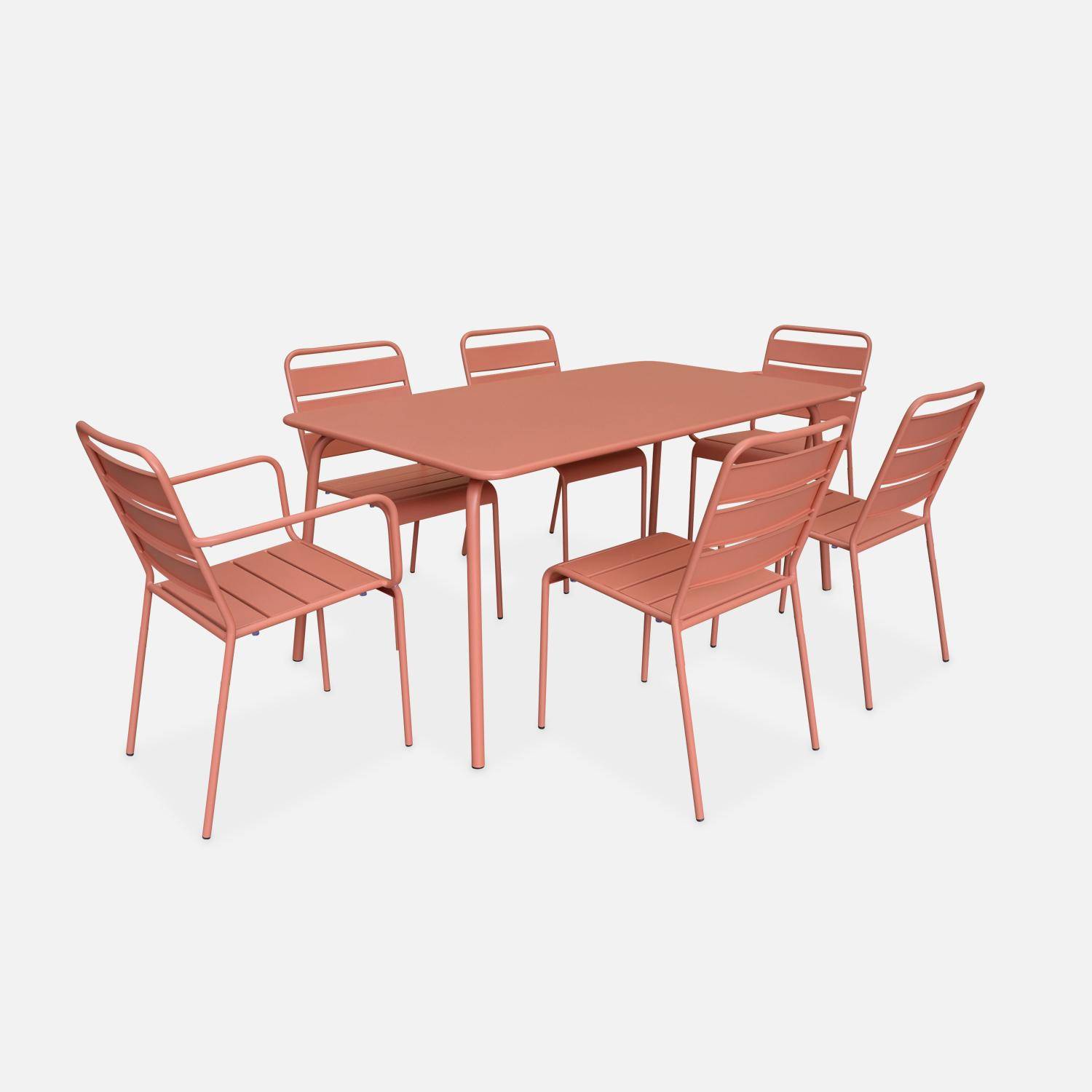 Table de jardin en métal 160x90cm + 4 chaises empilables et 2 fauteuils rose saumon ,sweeek,Photo1