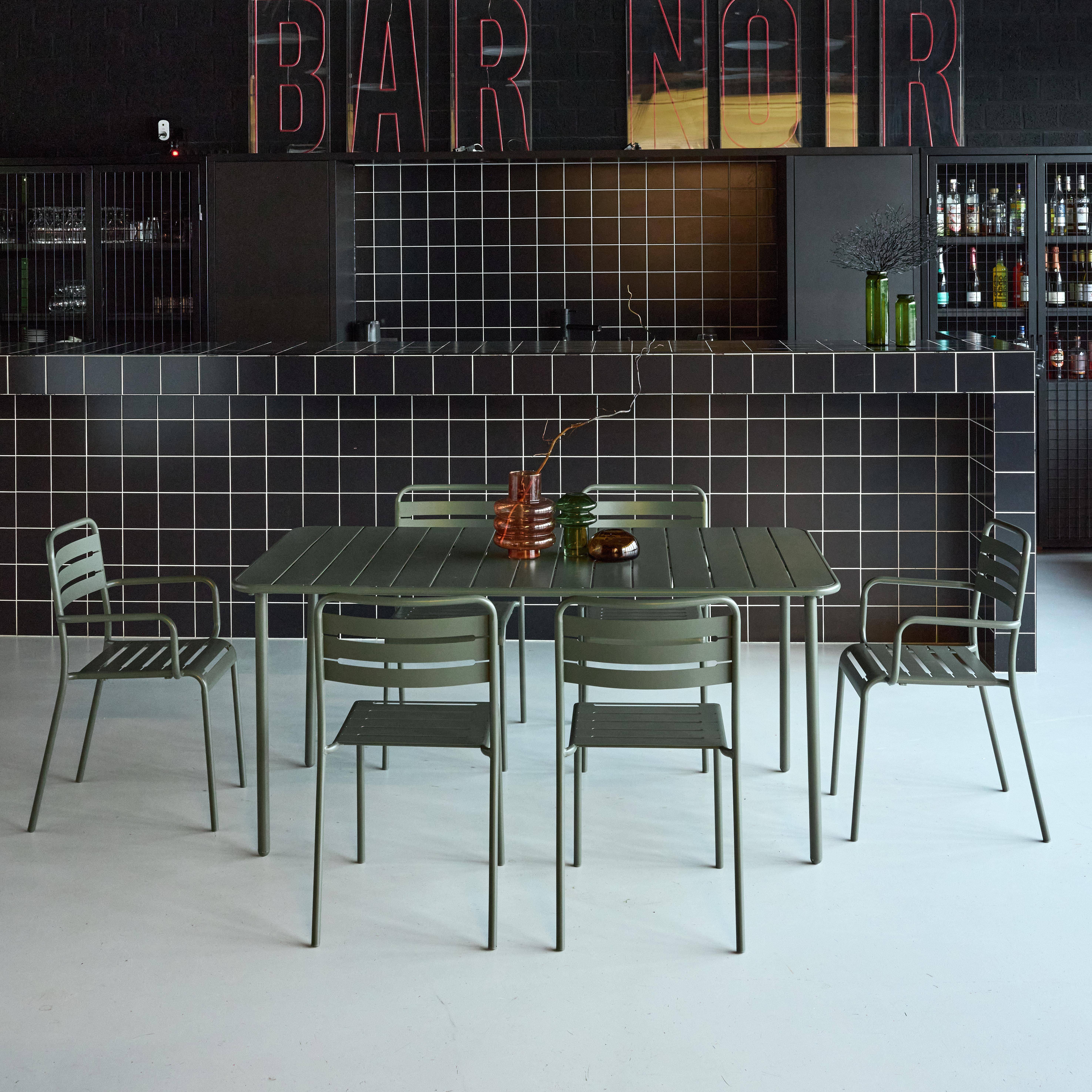 Tavolo da giardino in metallo, 2 poltrone e 4 sedie, Amelia, Verde kaki, 160x90x72.5 cm,sweeek,Photo1