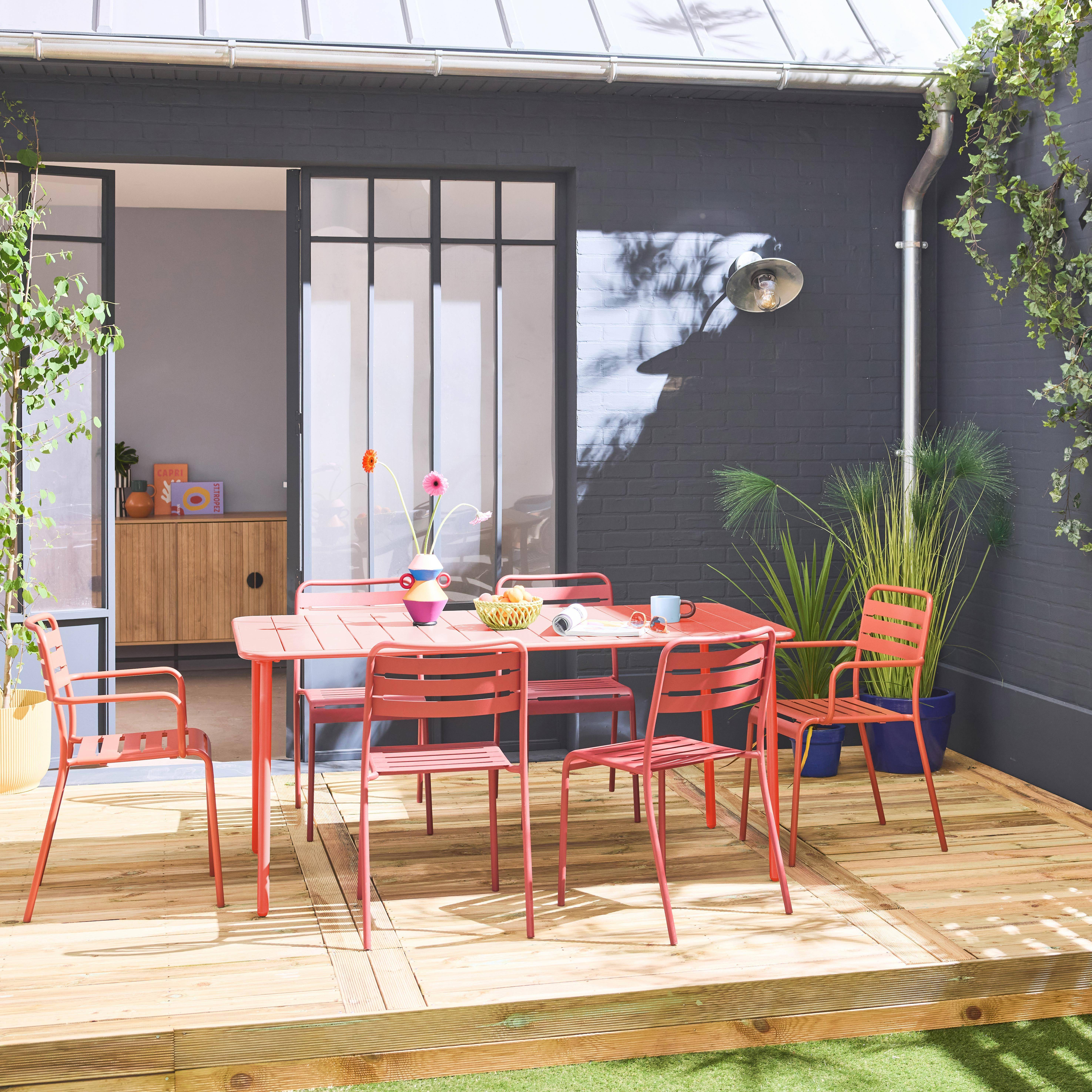 Table de jardin métal + 2 fauteuil et 4 chaises, terracotta, acier traitement anti rouille,sweeek,Photo1