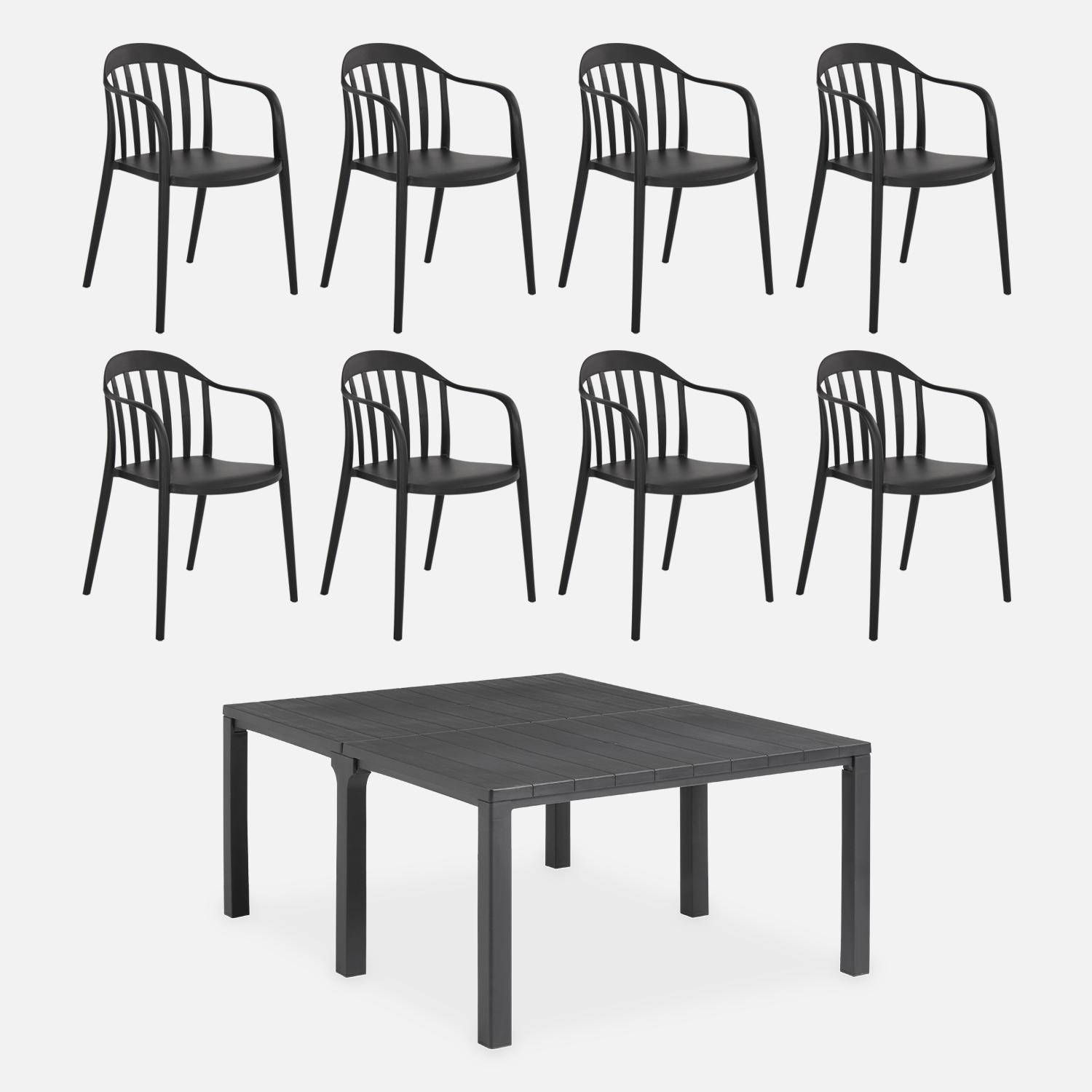 Table de jardin rectangulaire 3 en 1 en résine de synthèse graphite + 8 fauteuils empilables ,sweeek,Photo1