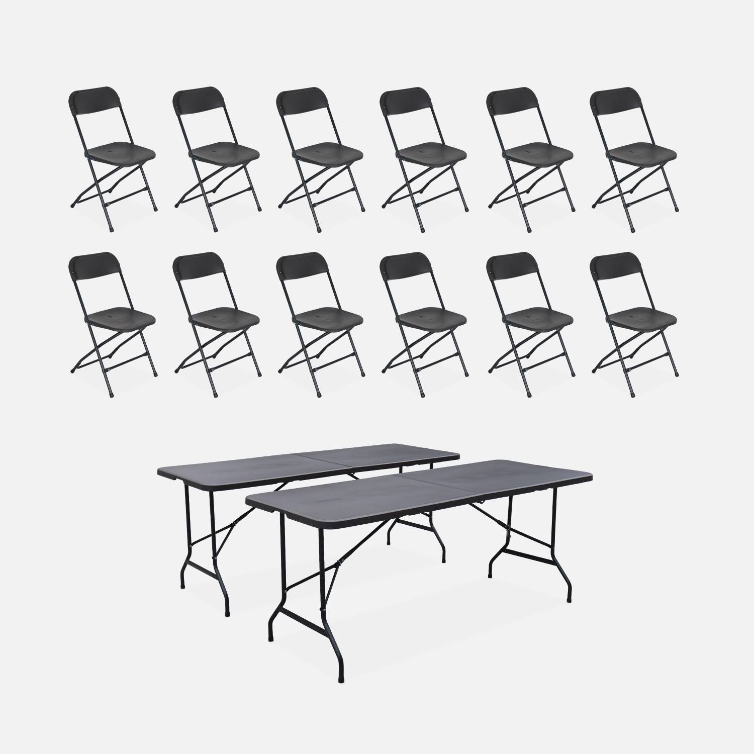 Lote de 2 mesas de recepción plegables de plástico + 12 sillas, Gris oscuro
