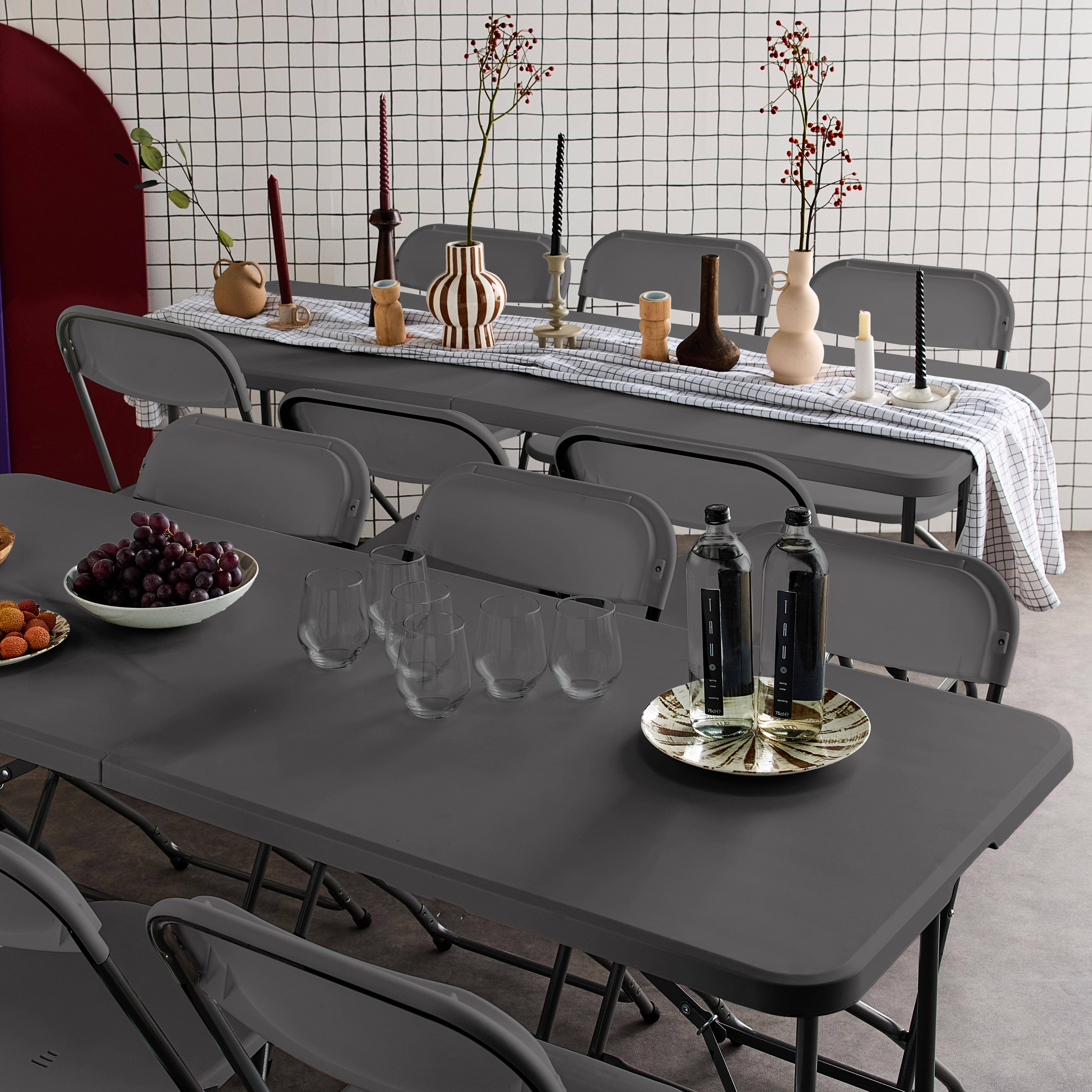 Lot de 2 tables de réception pliables en plastique gris 180cm + 12 chaises d'appoint, table de camping ,sweeek,Photo2