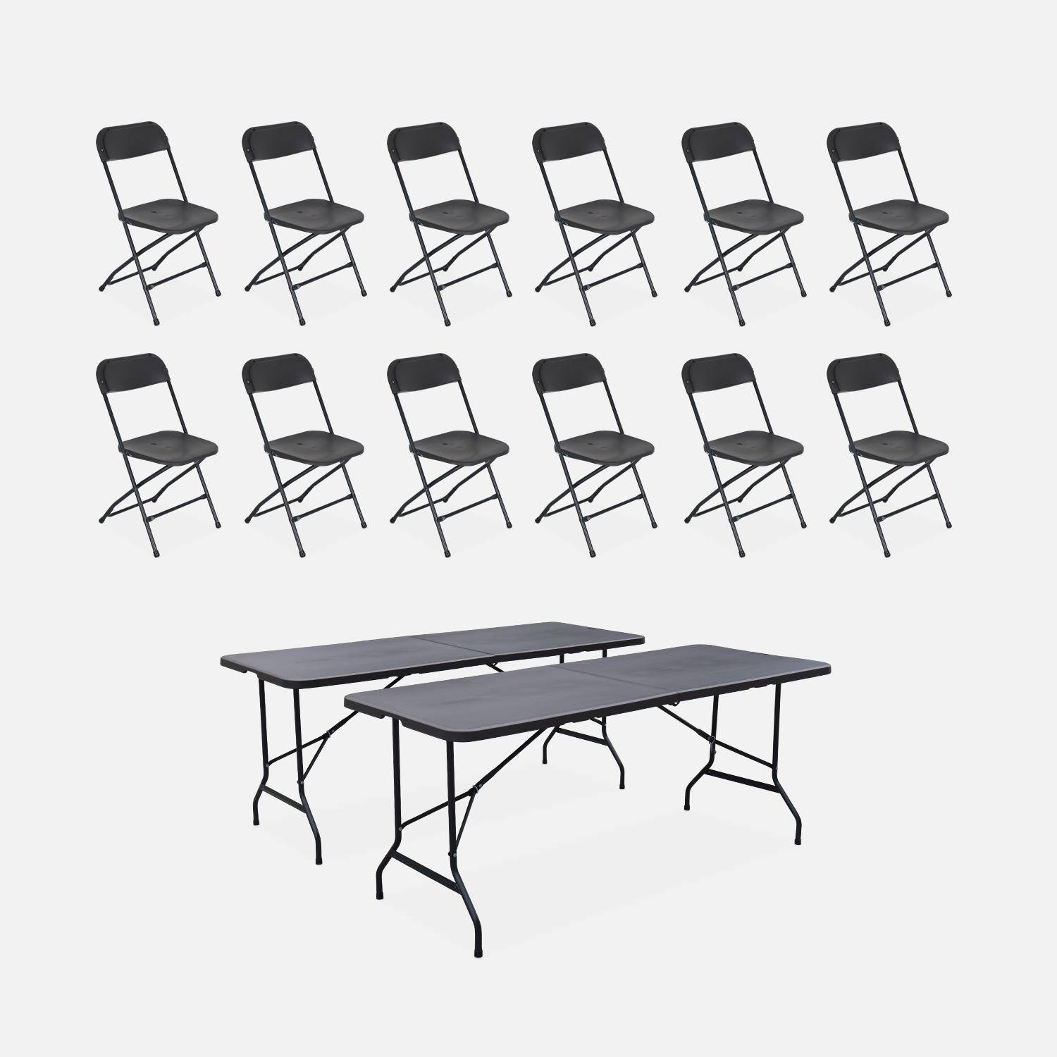 Lot de 2 tables de réception pliables en plastique gris 180cm + 12 chaises d'appoint, table de camping  Photo1