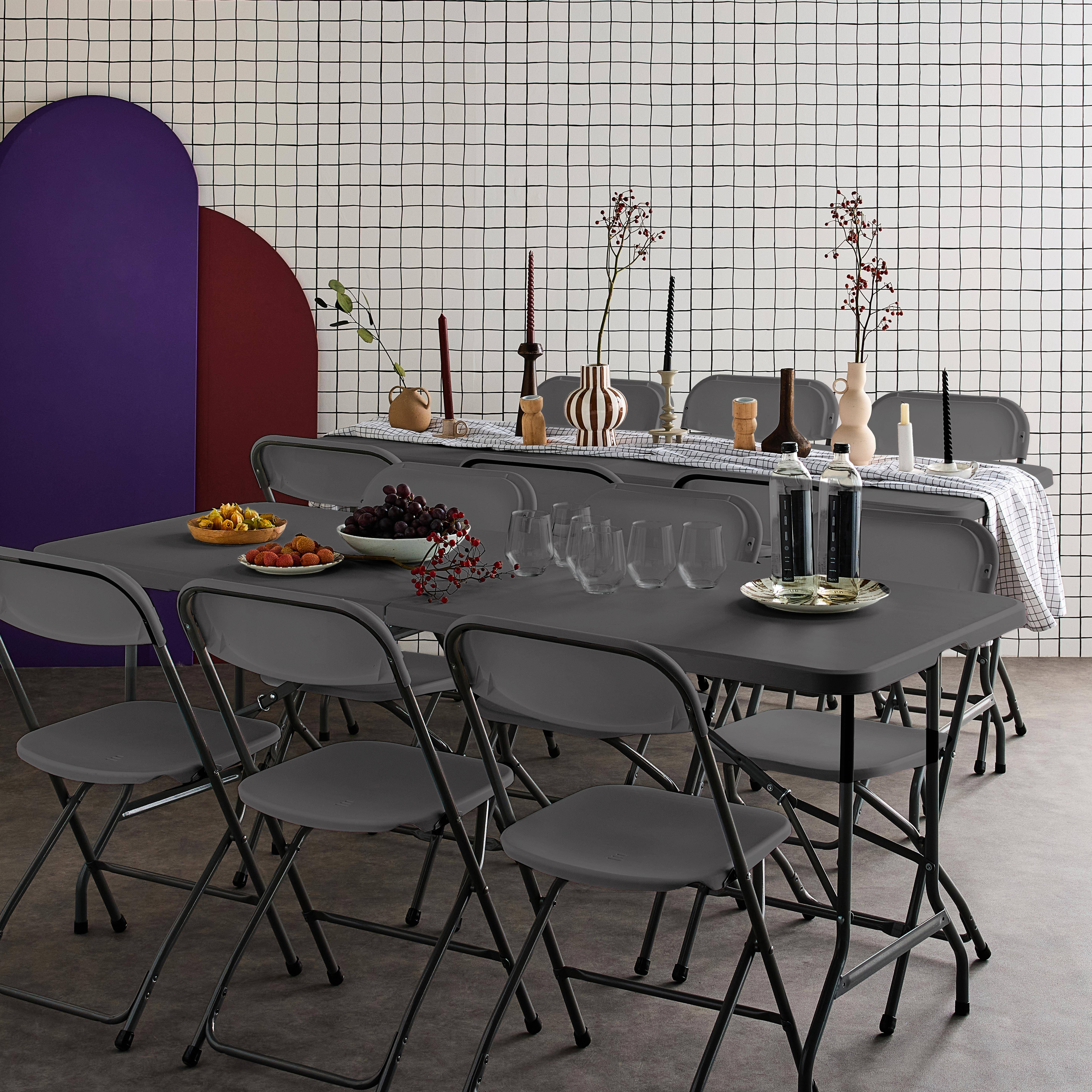 Lot de 2 tables de réception pliables en plastique gris 180cm + 12 chaises d'appoint, table de camping  Photo1