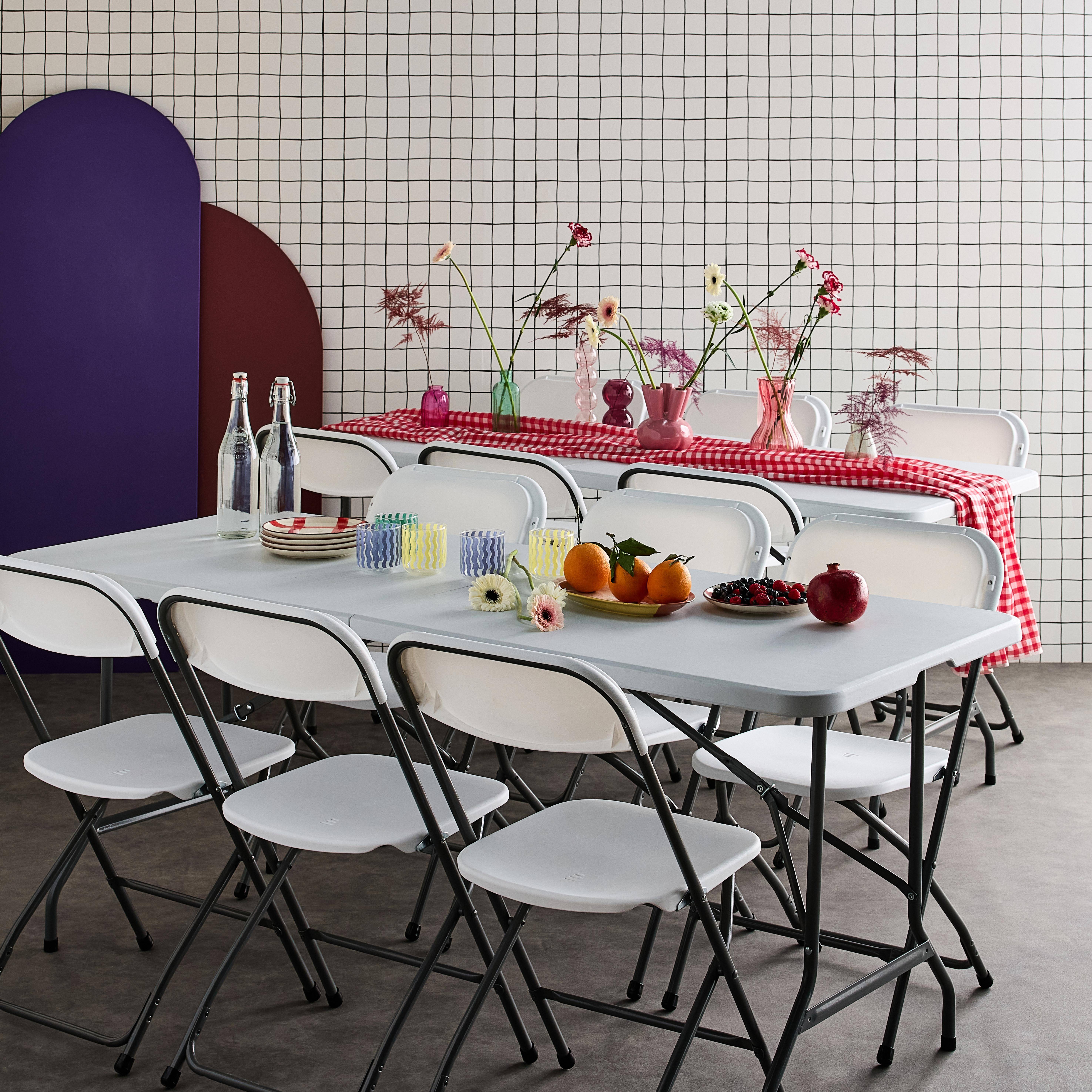 Lot de 2 tables de réception pliables en plastique blanc 180cm + 12 chaises d'appoint, table de camping  Photo1