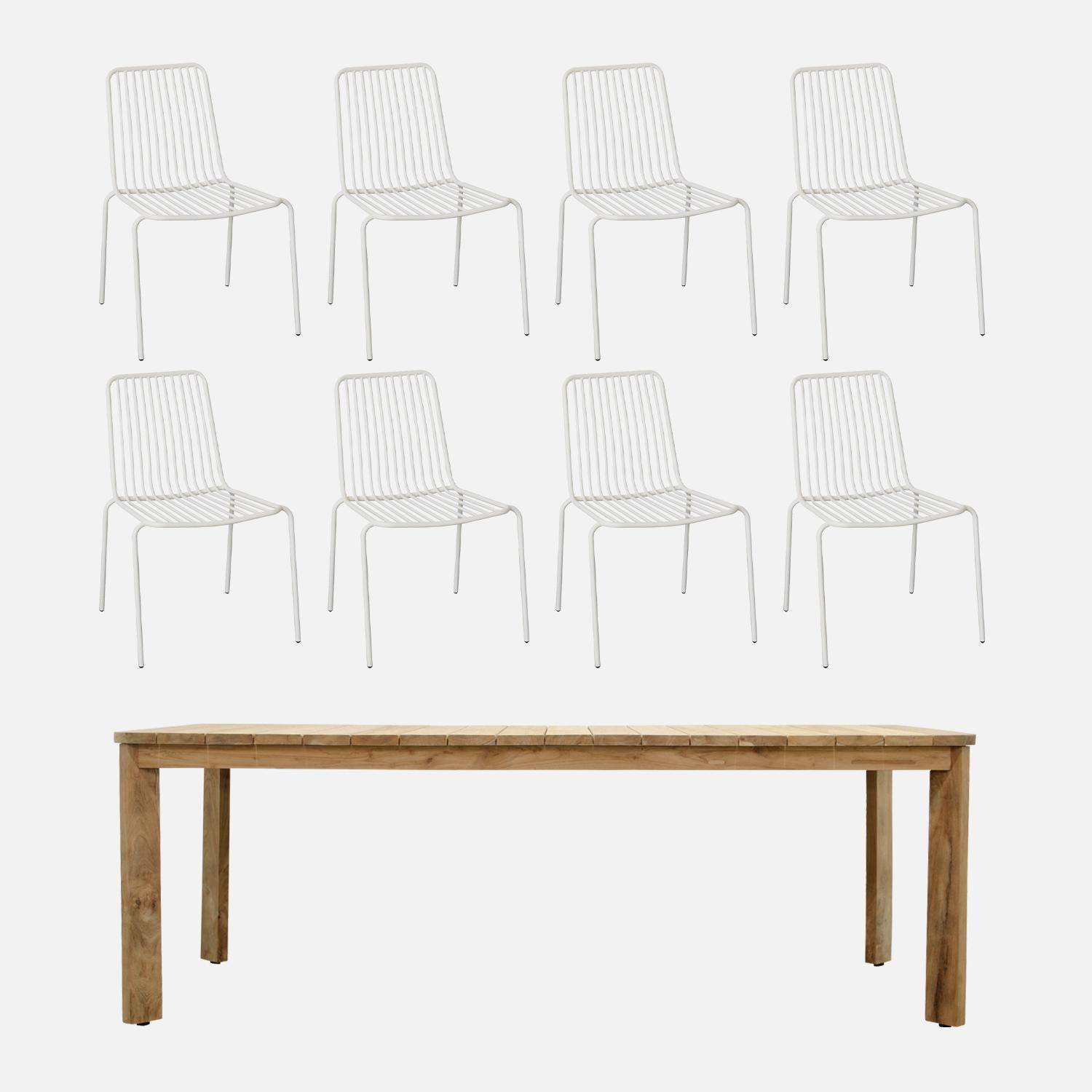Table intérieur/extérieur en teck recyclé 220cm + 8 chaises en métal blanc  Photo1