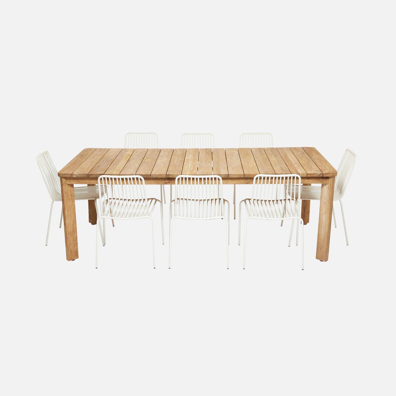 220cm gerecycled teak binnen/buiten tafel + 8 witte metalen fauteuils Photo5