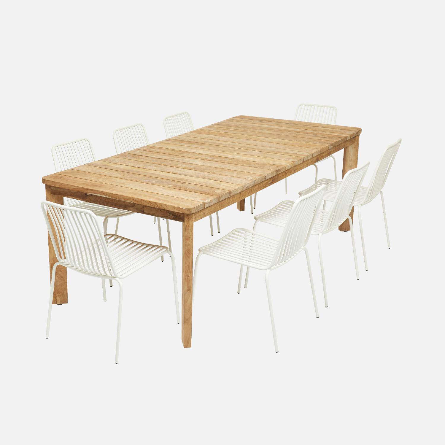 220cm gerecycled teak binnen/buiten tafel + 8 witte metalen fauteuils Photo4