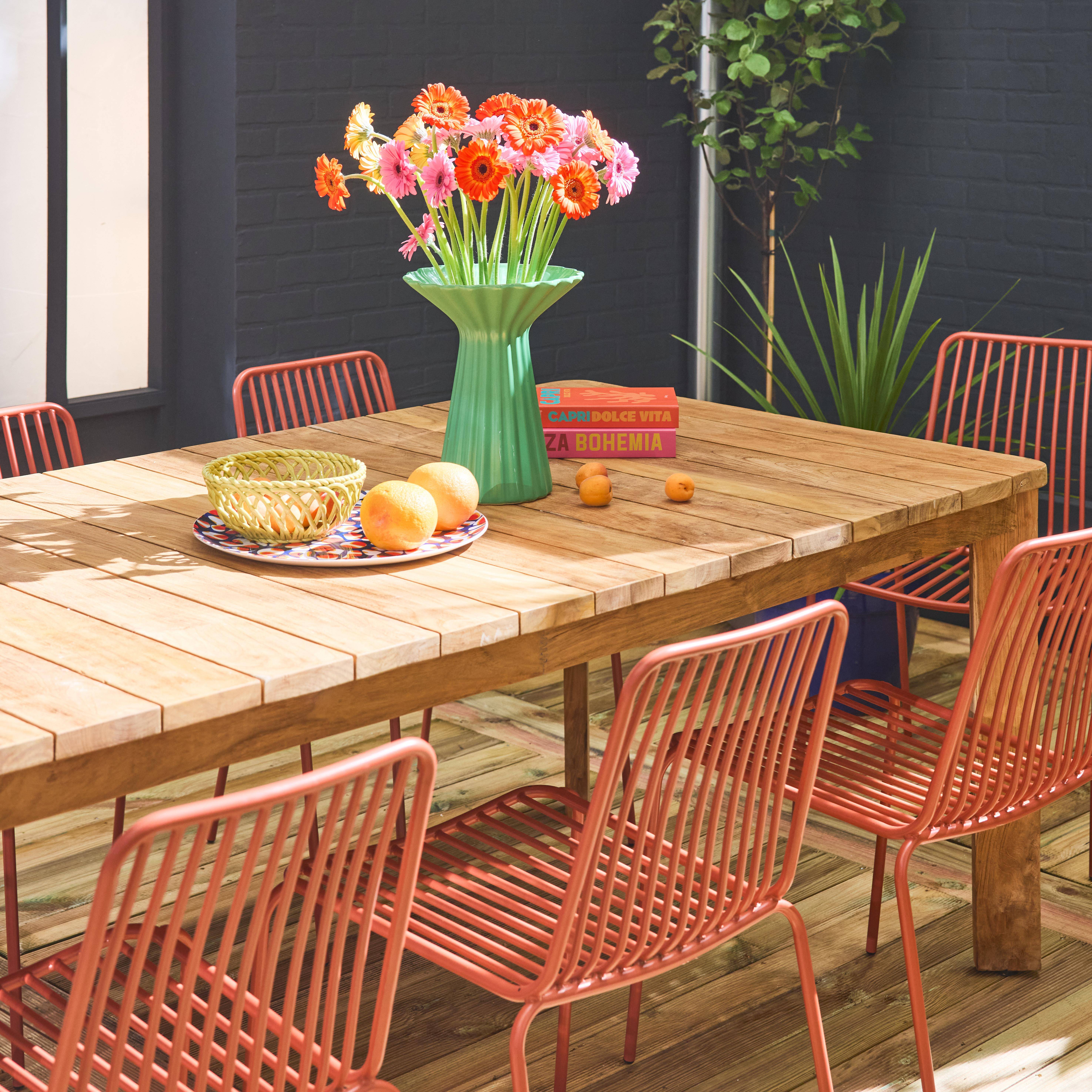 220cm gerecycled teak binnen/buiten tafel + 8 terracotta metalen fauteuils Photo3