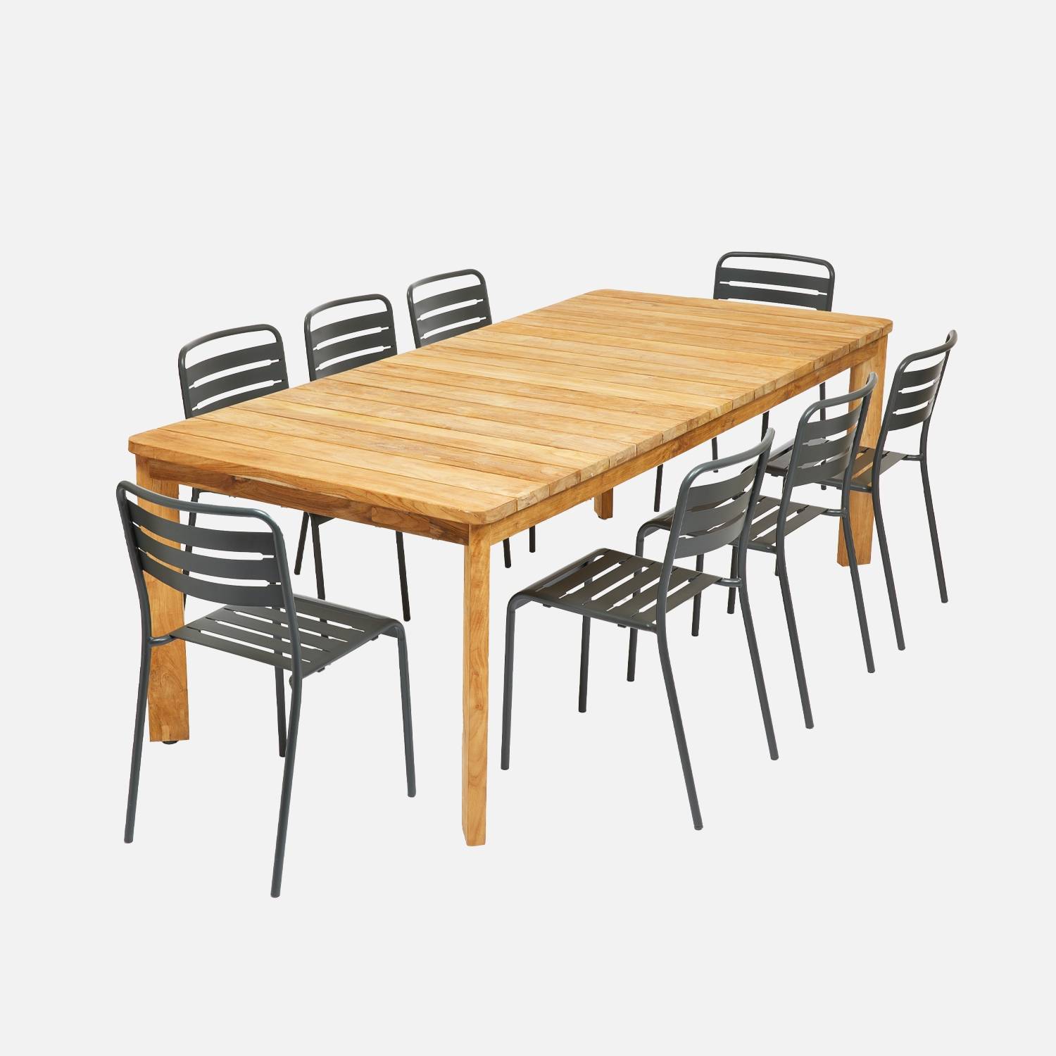 220cm teruggewonnen teakhouten tafel + 8 antraciet stoelen I sweeek