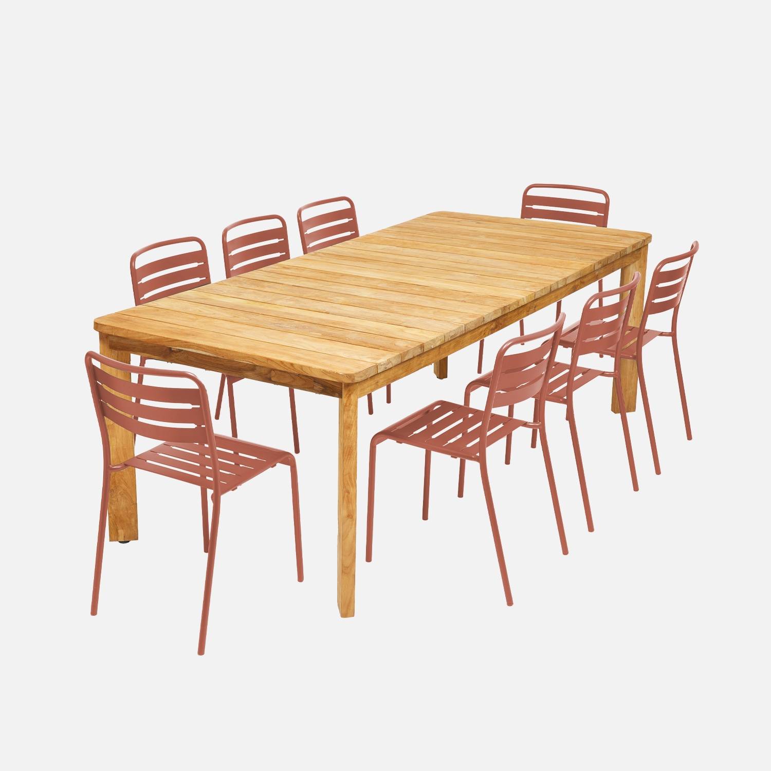 220cm teruggewonnen teakhouten tafel + 8 terracotta I sweeek stoelen