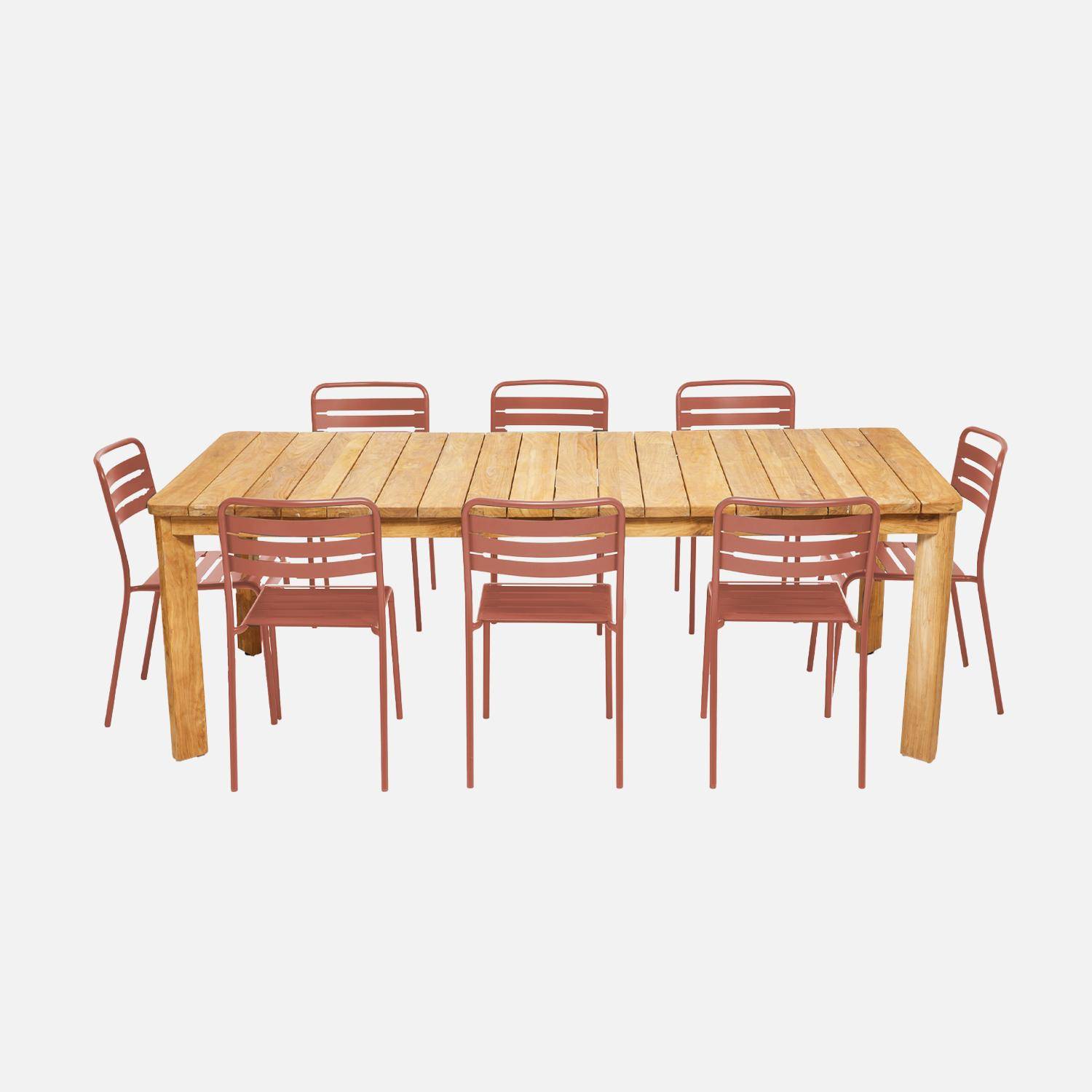 220cm gerecycled teak binnen/buiten tafel + 8 terracotta metalen stoelen Photo2