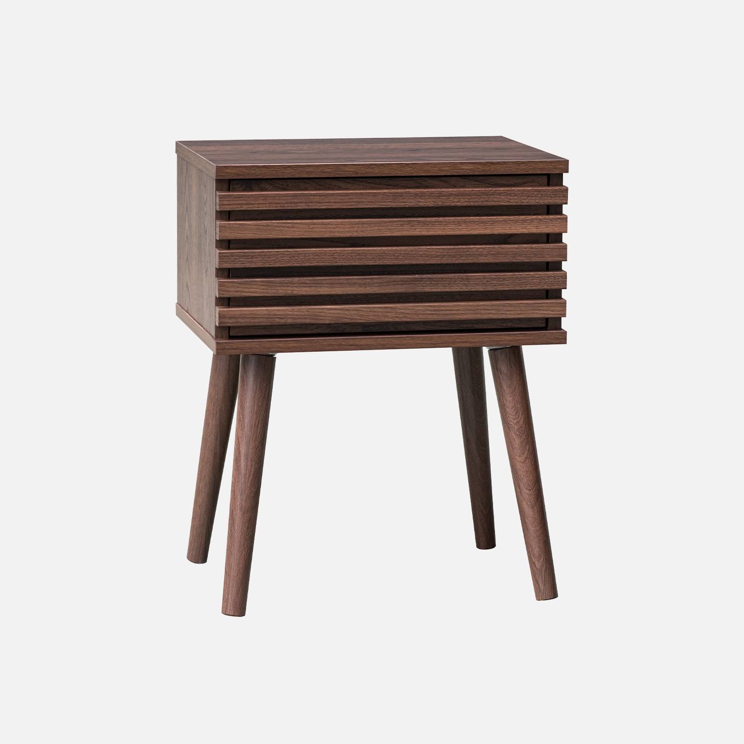 Scandi-style bedside table with grooved wooden effect, Walnut