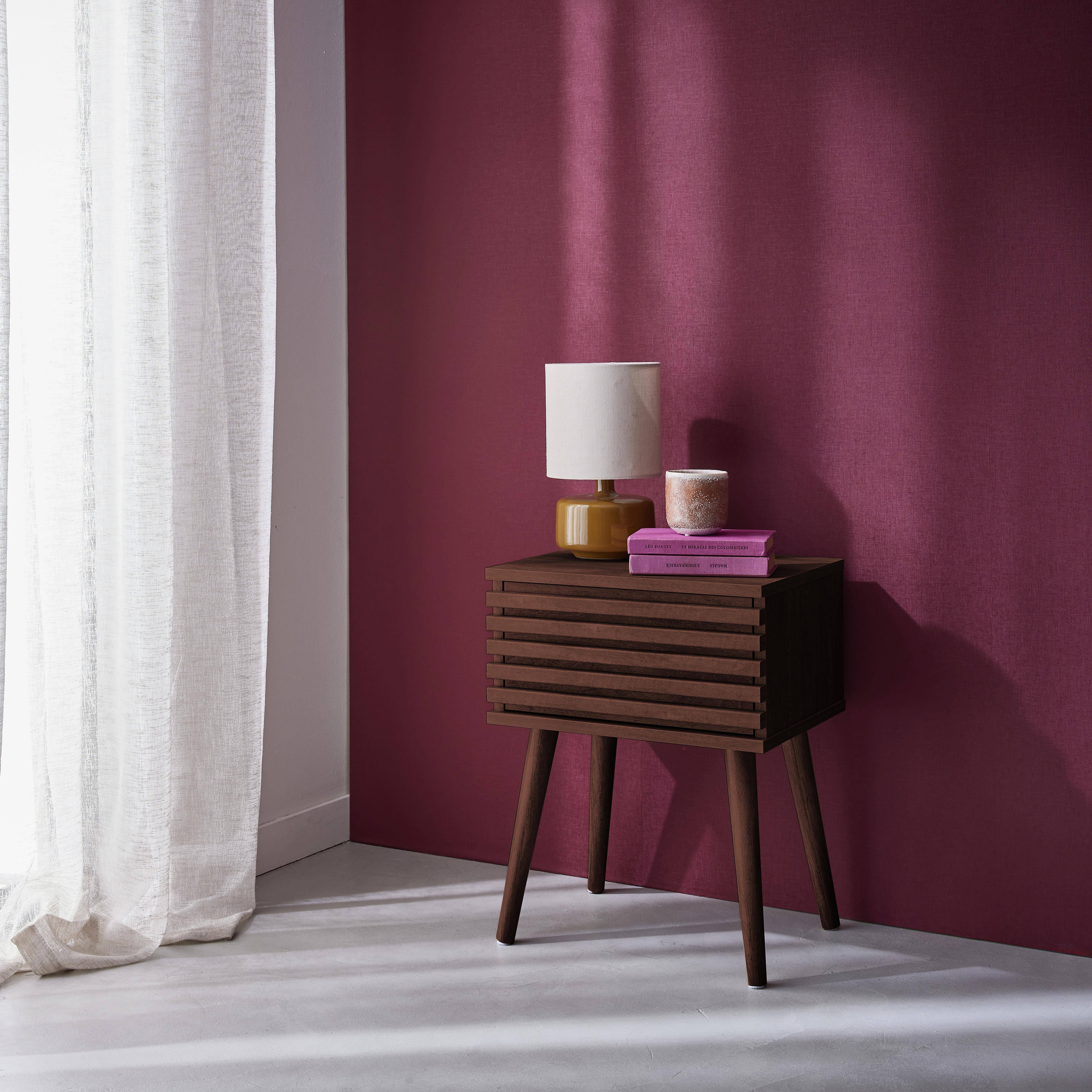 Table de chevet style scandinave décor bois couleur noyer avec tiroir rainuré et pieds compas,sweeek,Photo1