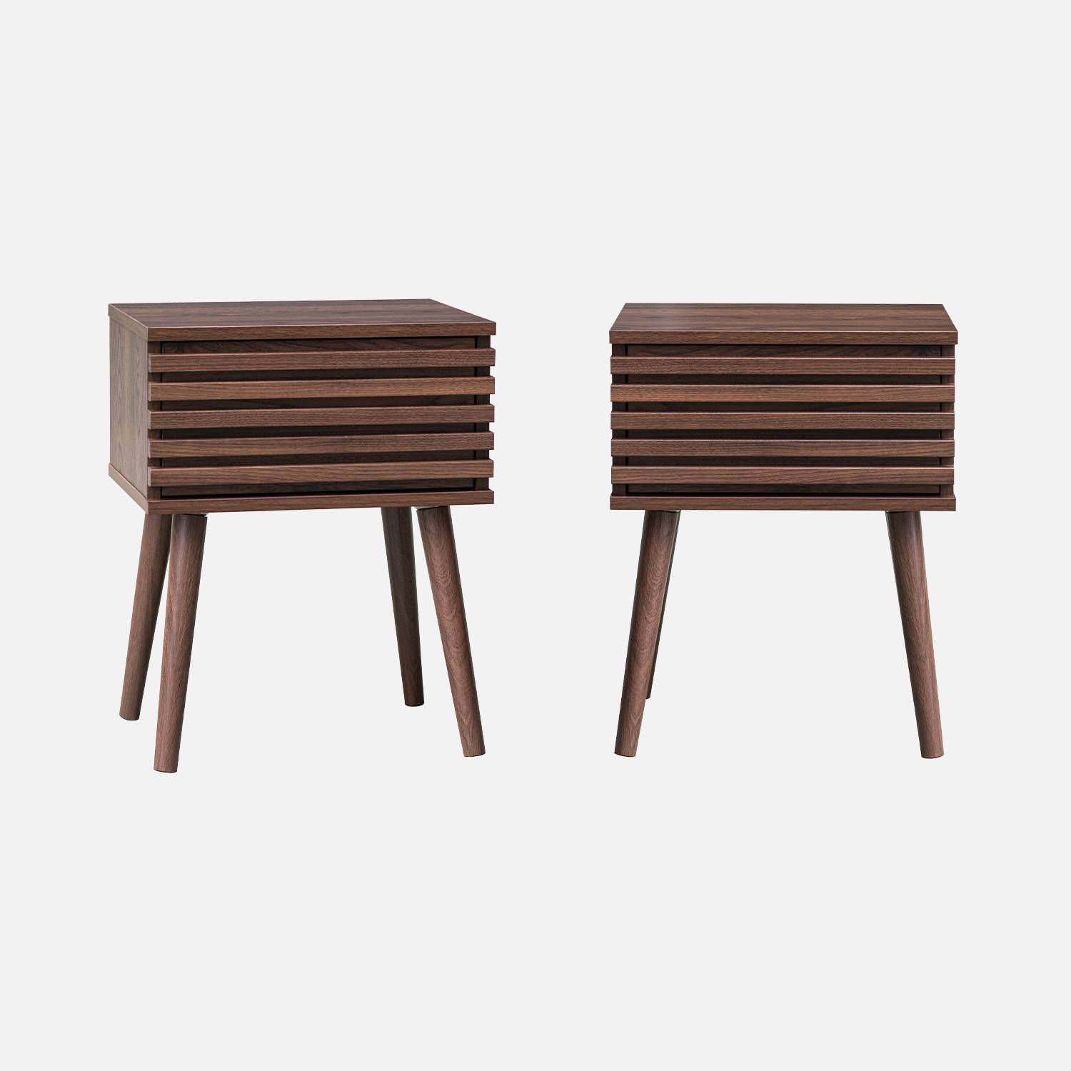 Pair of scandi-style bedside tables with grooved wood effect, Walnut