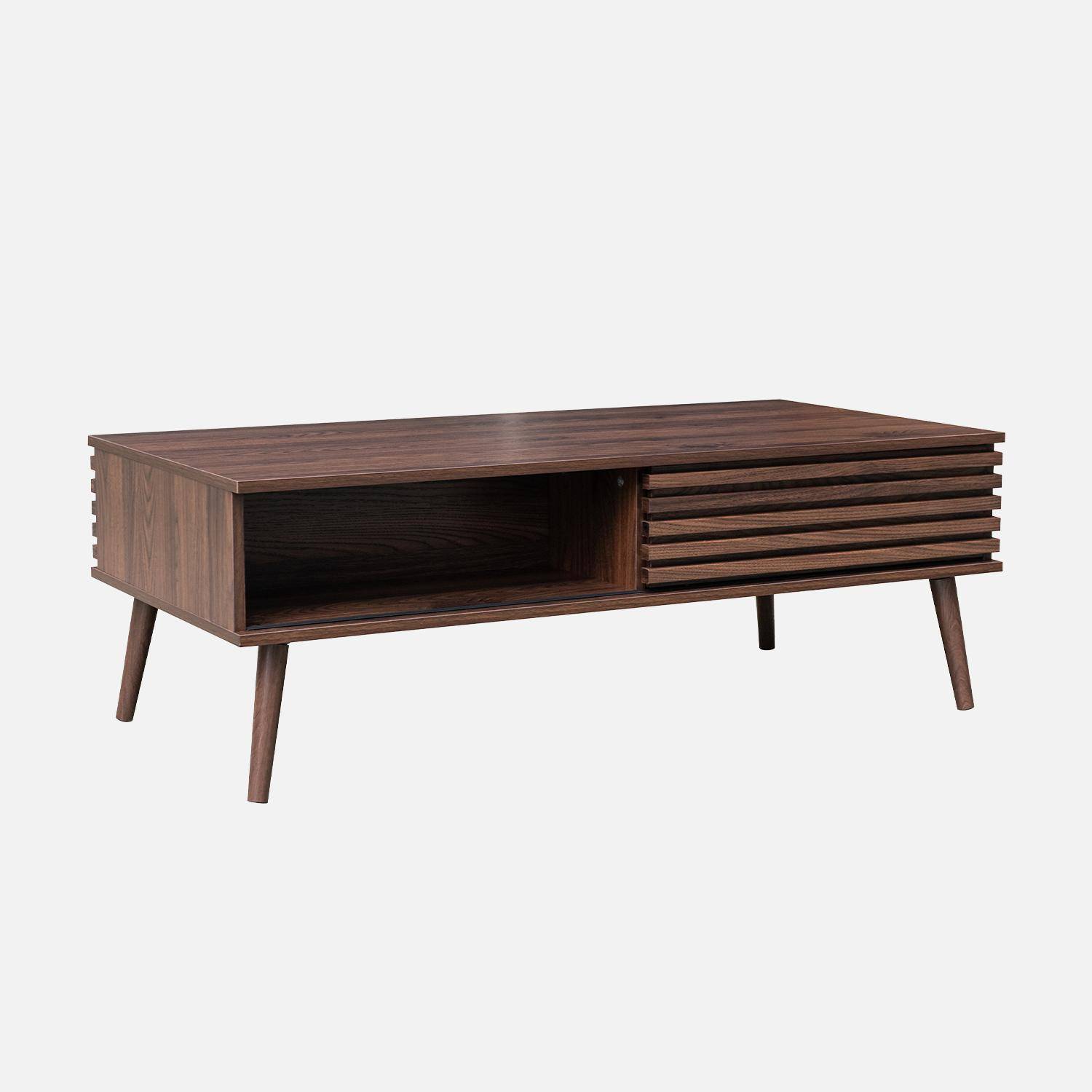 Scandinavische salontafel met schuifdeuren in gegroefd walnootkleurig decor en opbergvakken Photo5