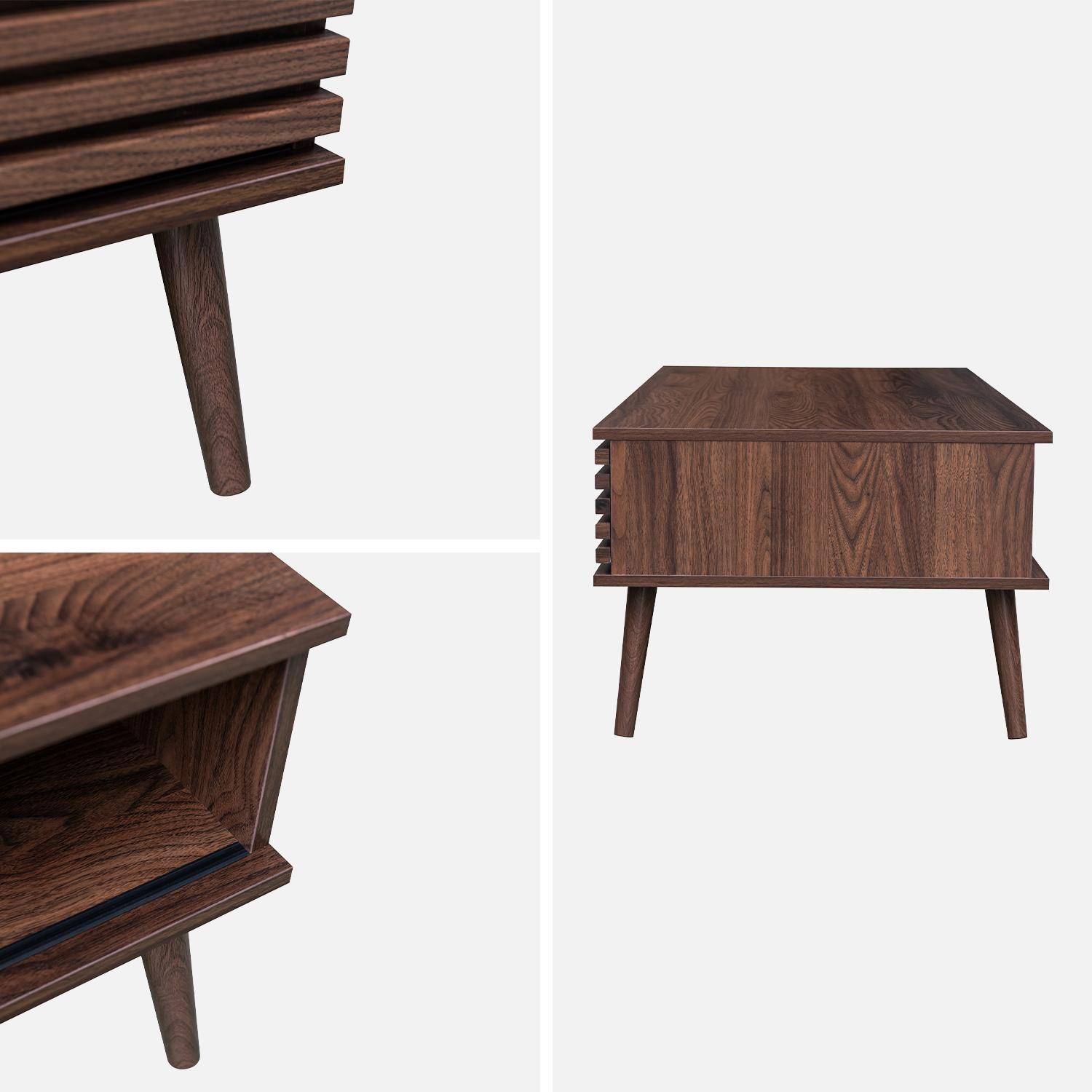 Scandinavische salontafel met schuifdeuren in gegroefd walnootkleurig decor en opbergvakken Photo7