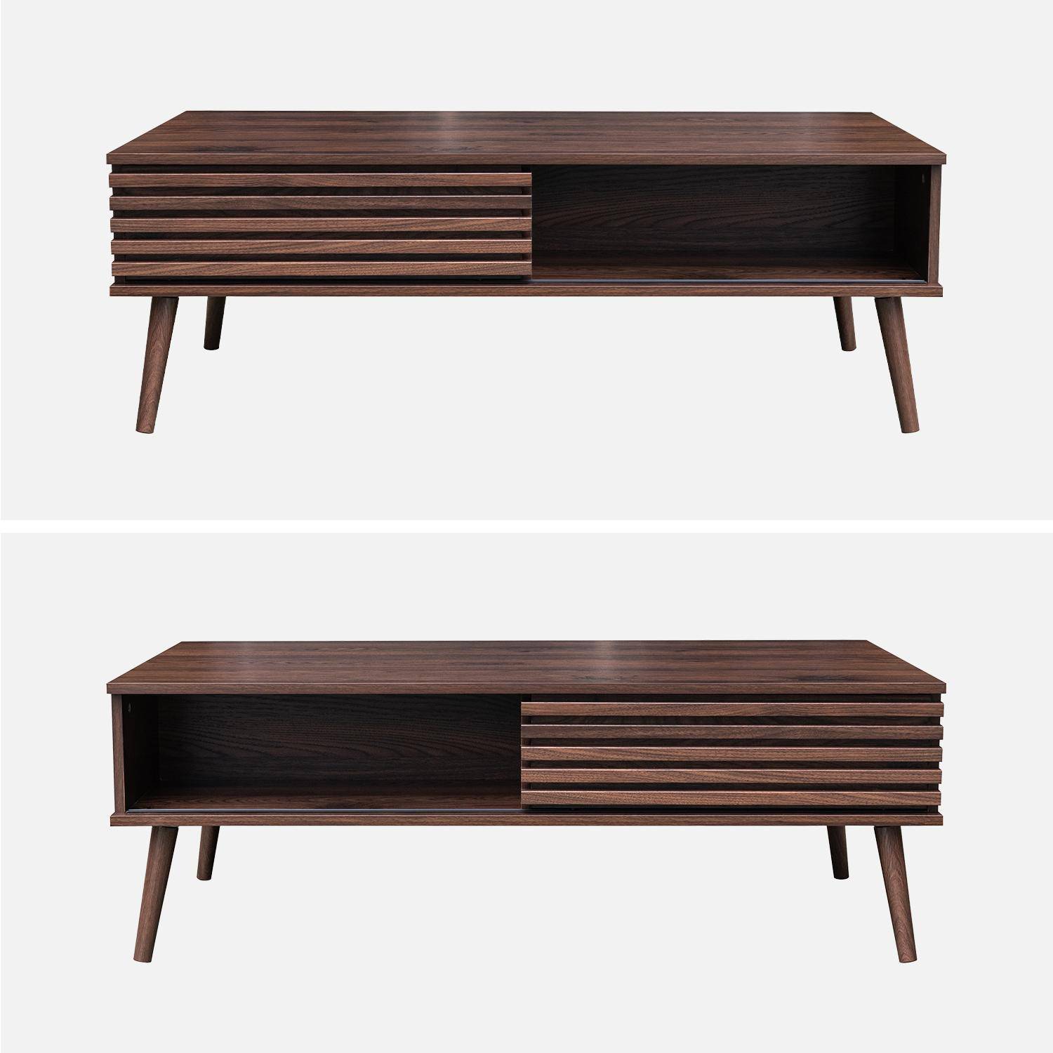 Scandinavische salontafel met schuifdeuren in gegroefd walnootkleurig decor en opbergvakken Photo6