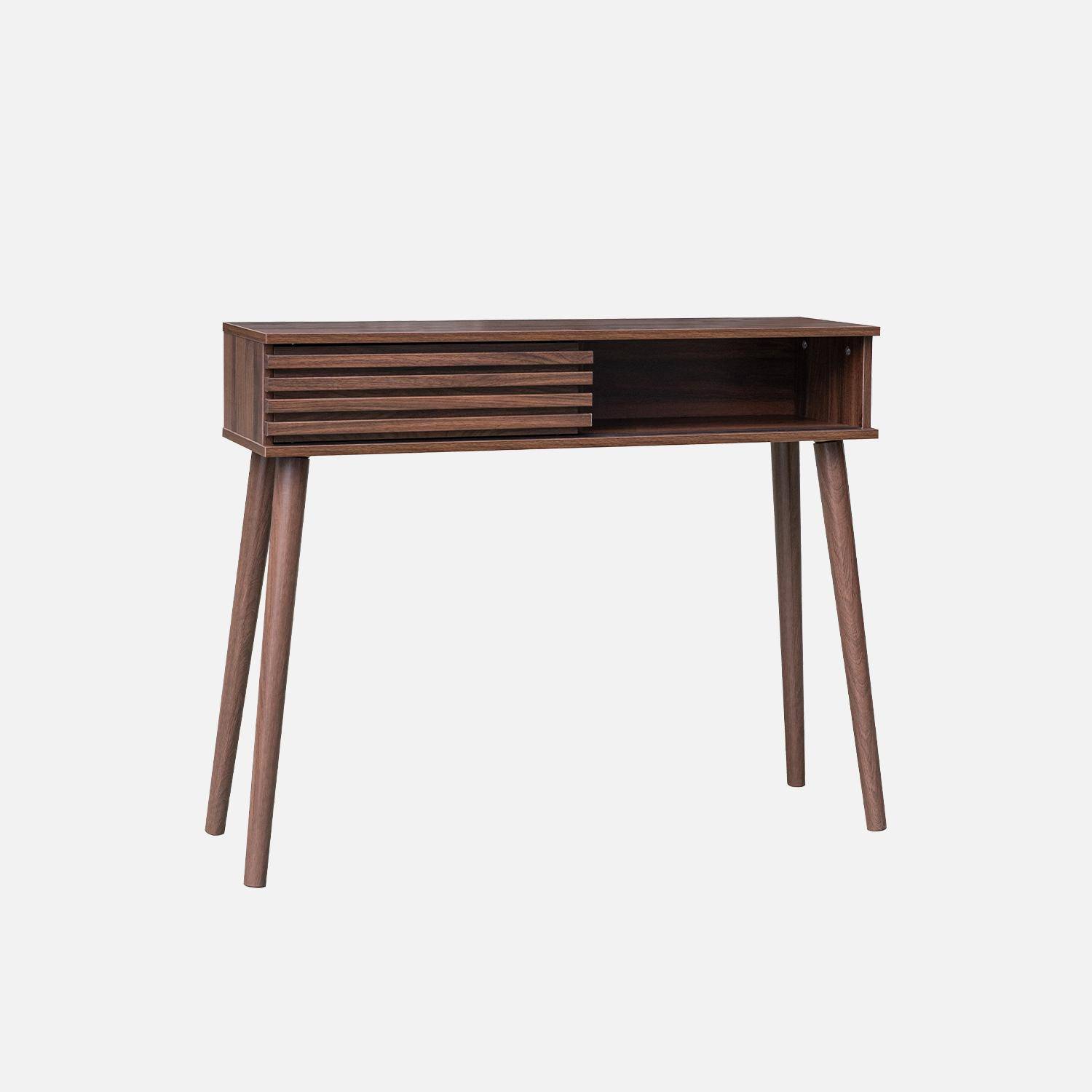 Console scandinave effet bois noyer avec 1 porte coulissante rainurée 2 niches de rangement Photo5