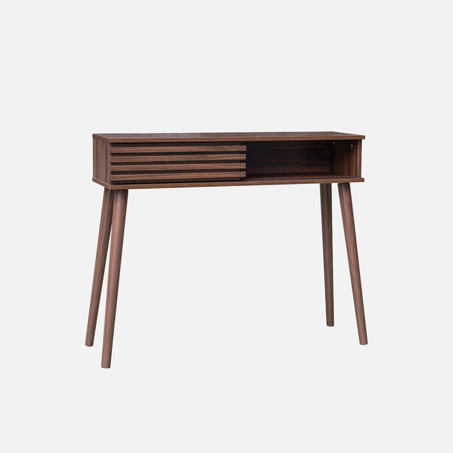 Consola escandinava efecto madera y puerta corredera, 100cm, Madere, Nogal, 29x100x81 cm Photo5