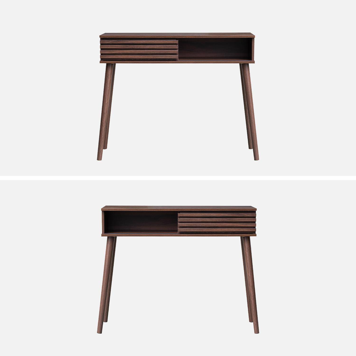 Console scandinave effet bois noyer avec 1 porte coulissante rainurée 2 niches de rangement Photo6