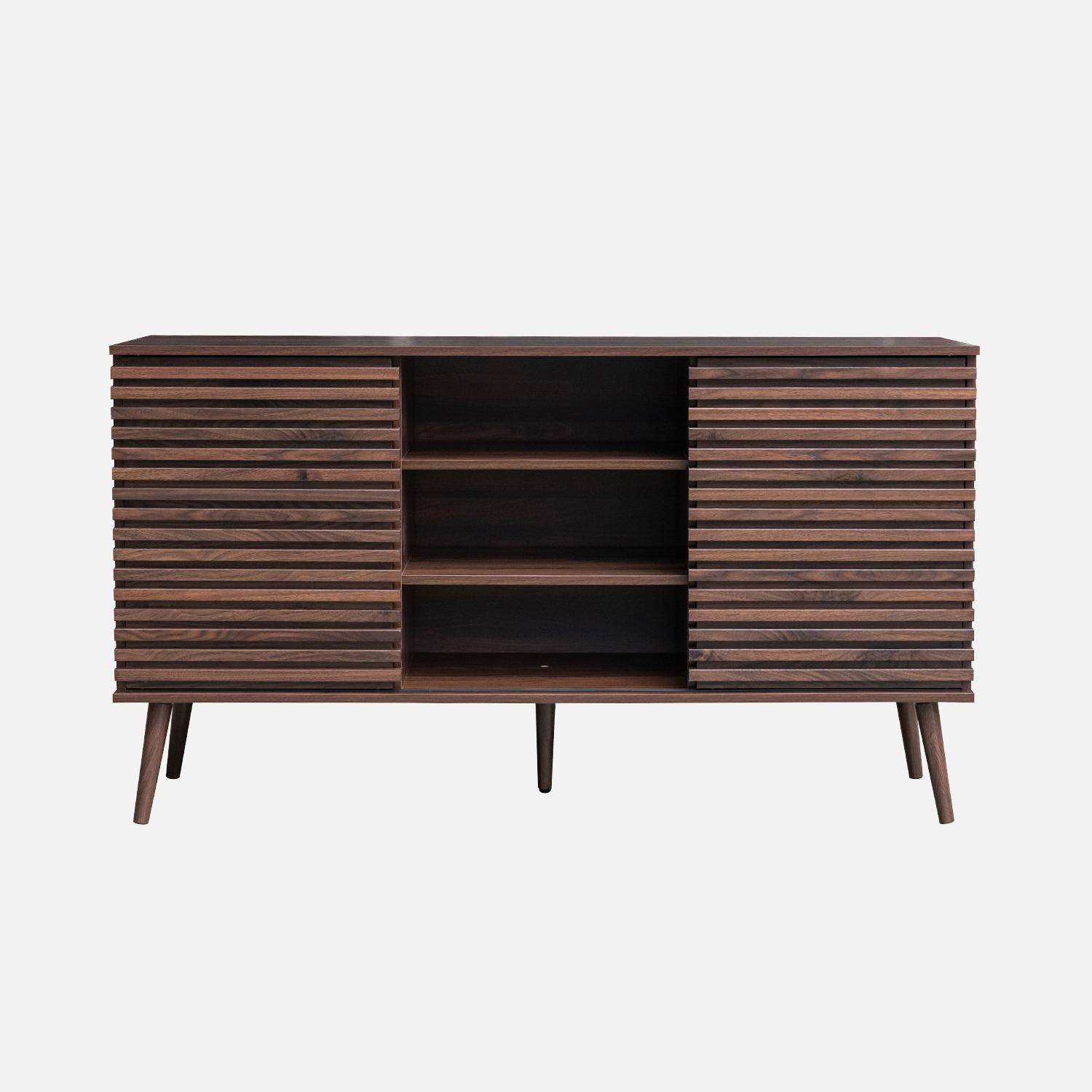 Buffet scandinave décor bois noyer avec 2 portes coulissantes rainurées et 4 étagères L 140 Photo5