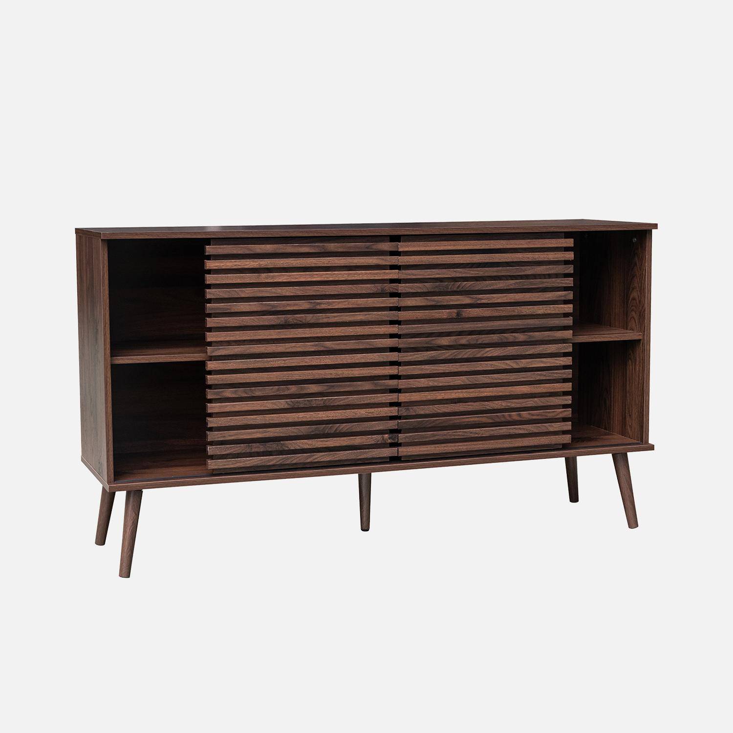 Buffet scandinave décor bois noyer avec 2 portes coulissantes rainurées et 4 étagères L 140 Photo6