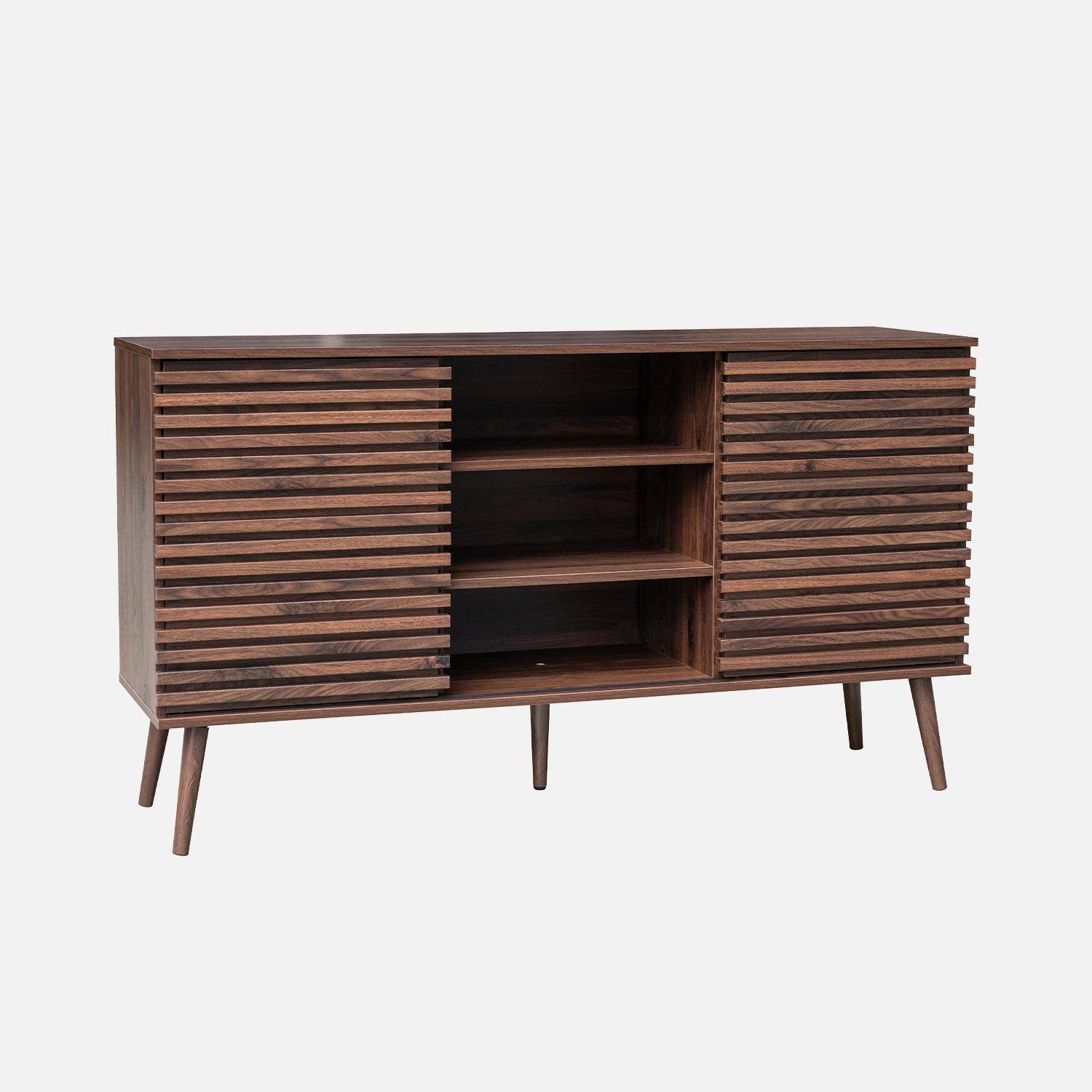 Buffet scandinave décor bois noyer avec 2 portes coulissantes rainurées et 4 étagères L 140 Photo4