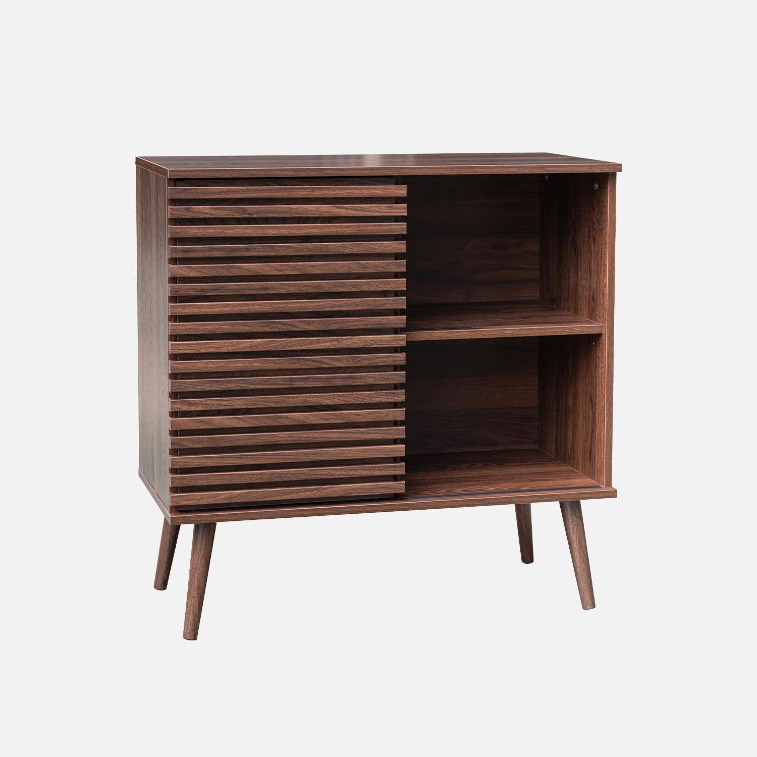 Buffet scandinave décor bois noyer avec 1 porte coulissante rainurée et 2 étagères Photo5