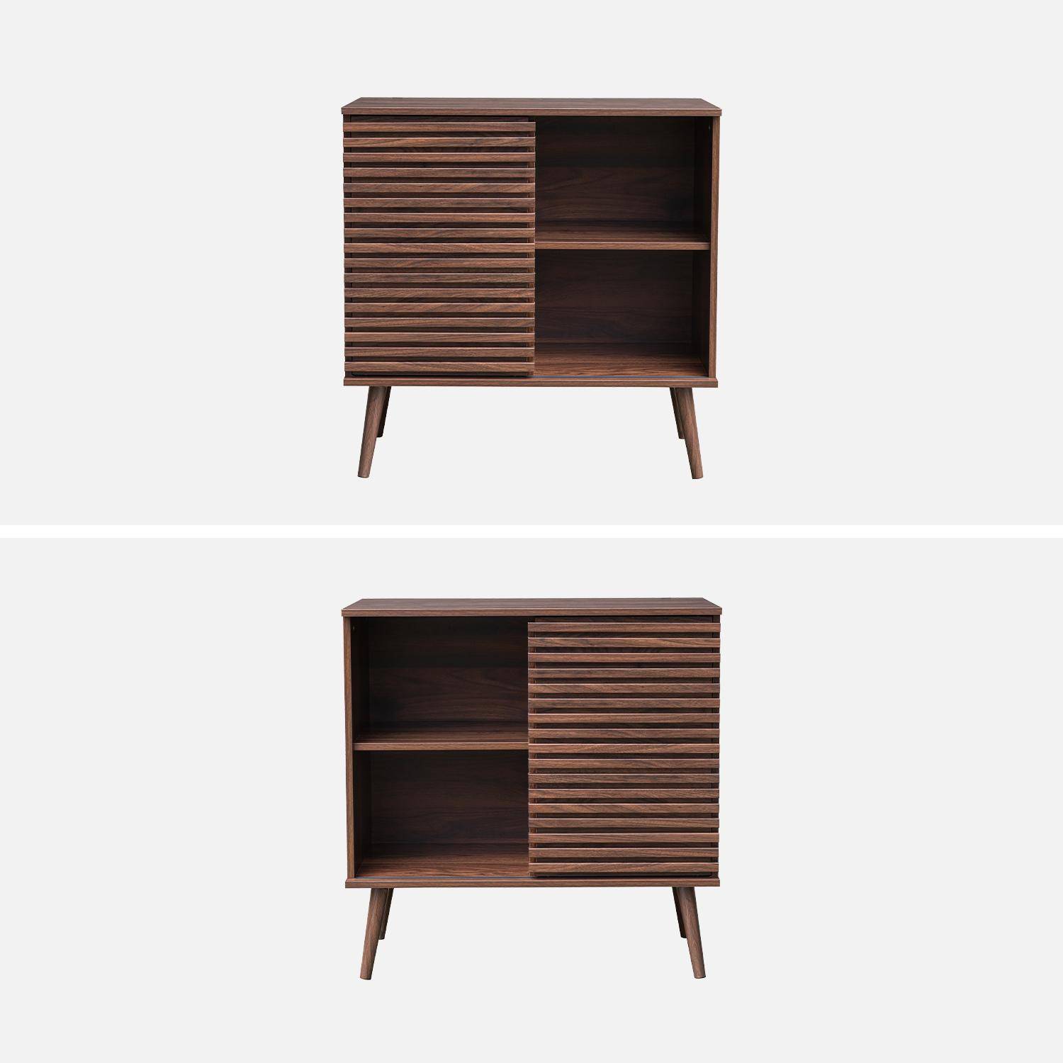 Buffet scandinave décor bois noyer avec 1 porte coulissante rainurée et 2 étagères Photo6