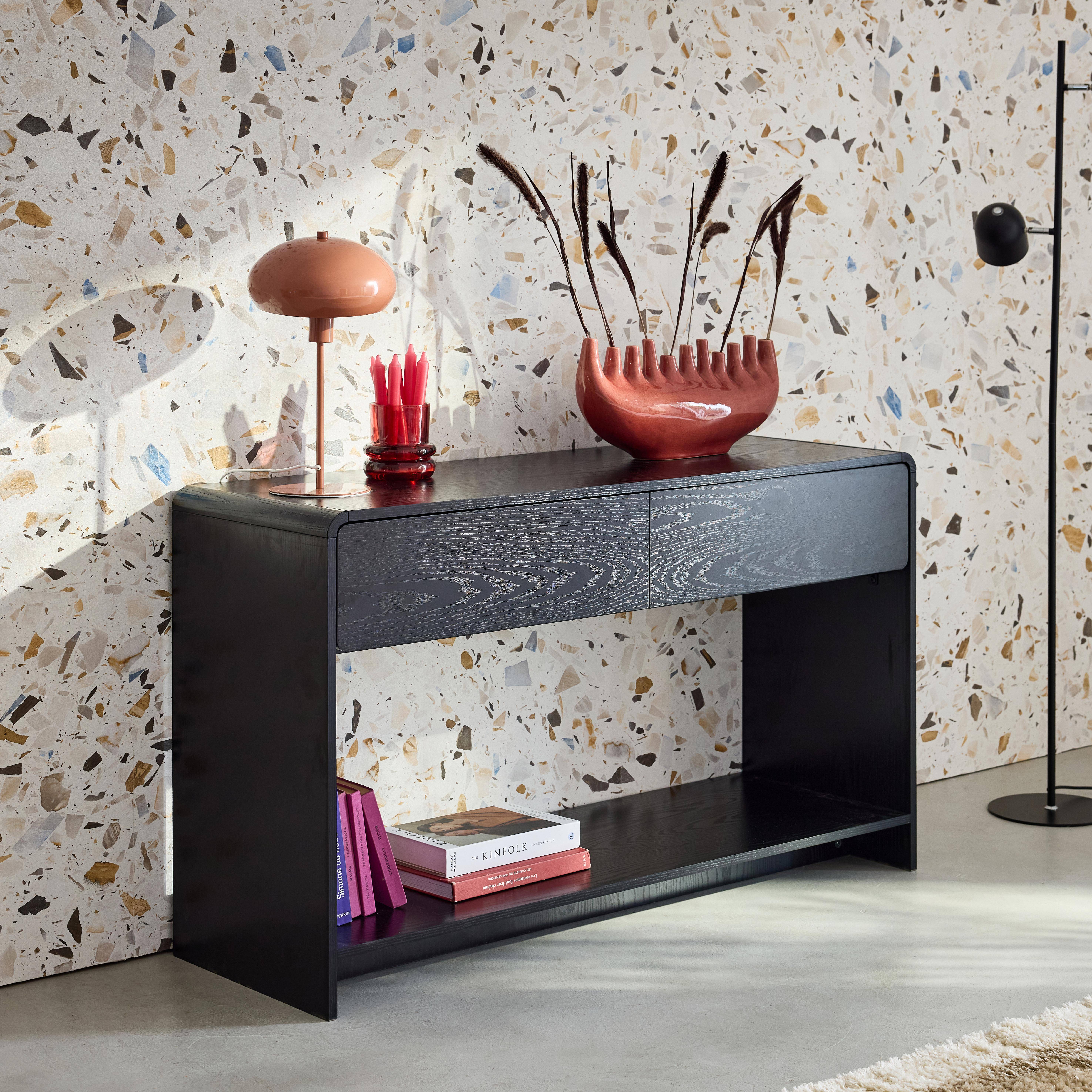 Consolle con 2 cassetti e 1 ripiano, effetto legno arrotondato, Milo, Nero, 120x40x70 cm,sweeek,Photo3