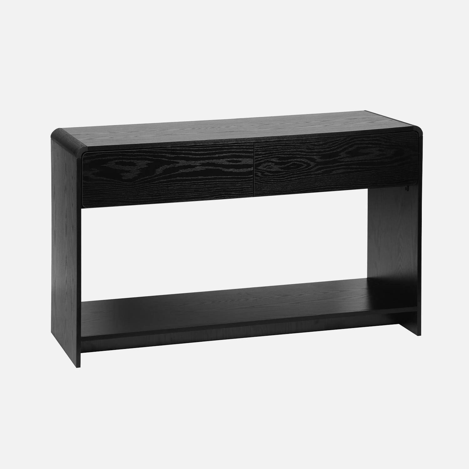 Consolle con 2 cassetti e 1 ripiano, effetto legno arrotondato, Milo, Nero, 120x40x70 cm Photo4