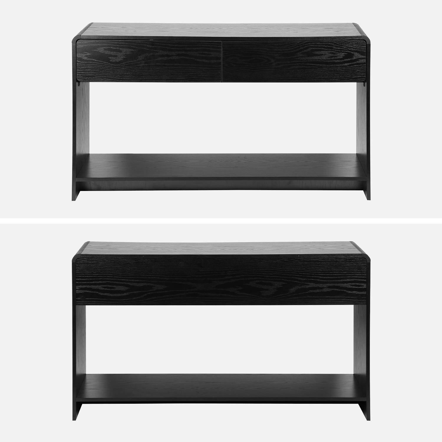 Consolle con 2 cassetti e 1 ripiano, effetto legno arrotondato, Milo, Nero, 120x40x70 cm Photo5